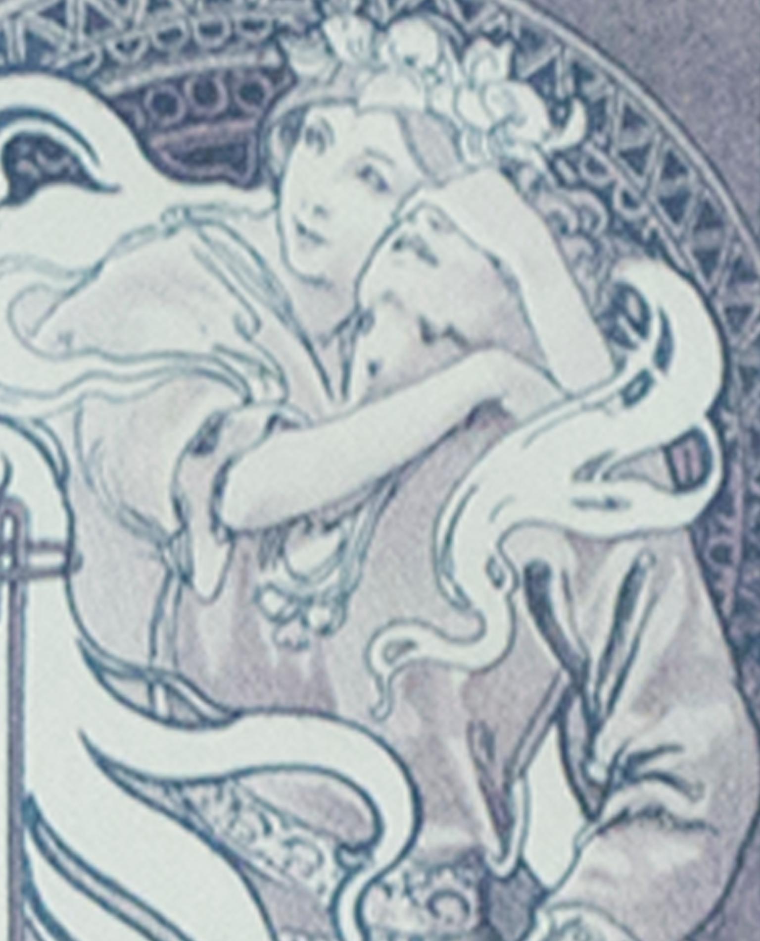 Farblithographie des späten 19. Jahrhunderts, Jugendstil, Blumenpflanzgefäße mit Zeigern in Blau, Orange und Blau (Beige), Figurative Print, von Alphonse Mucha