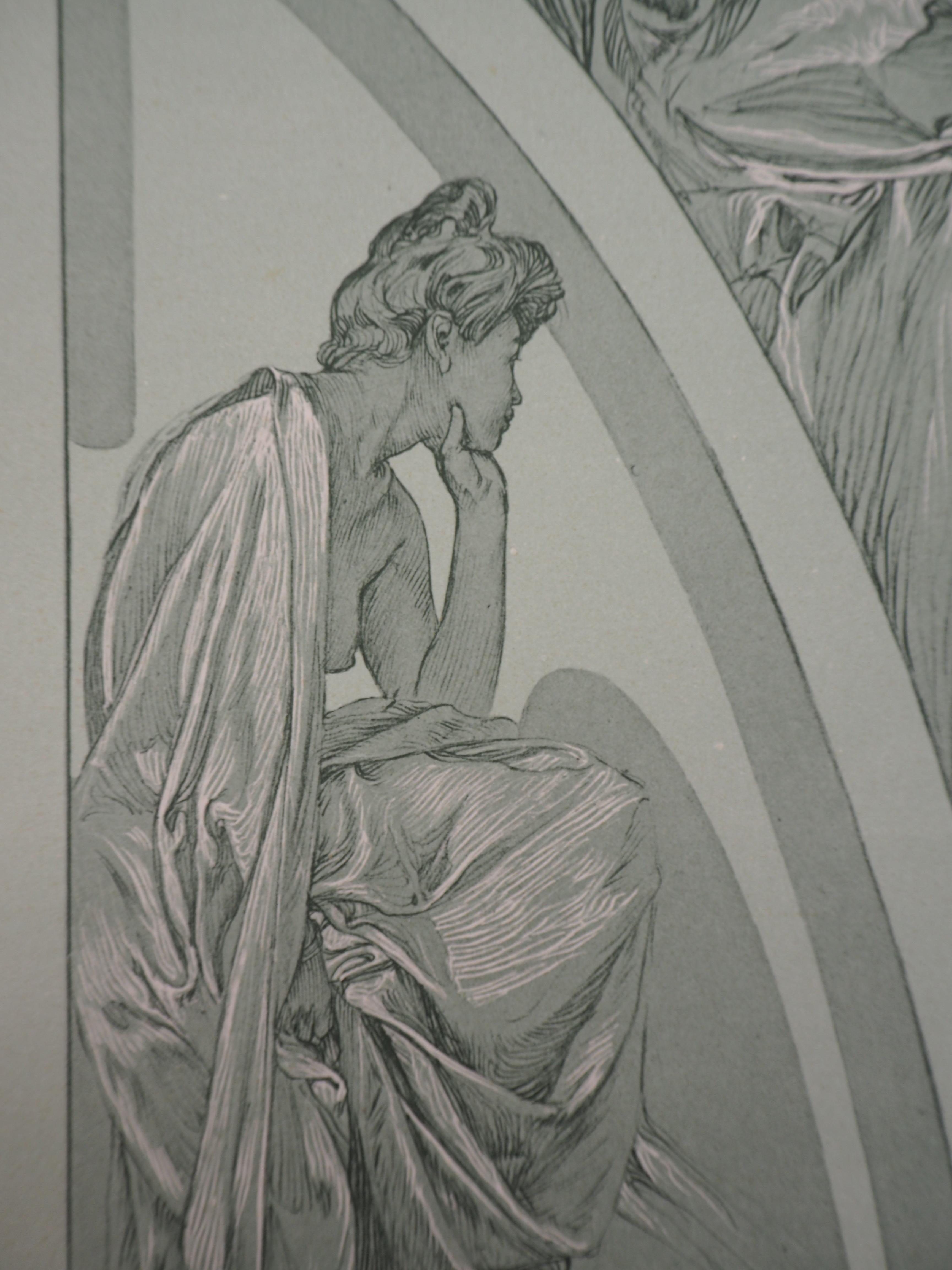 Thinking Women - Lithograph 1902 - Gray Figurative Print by Alphonse Mucha