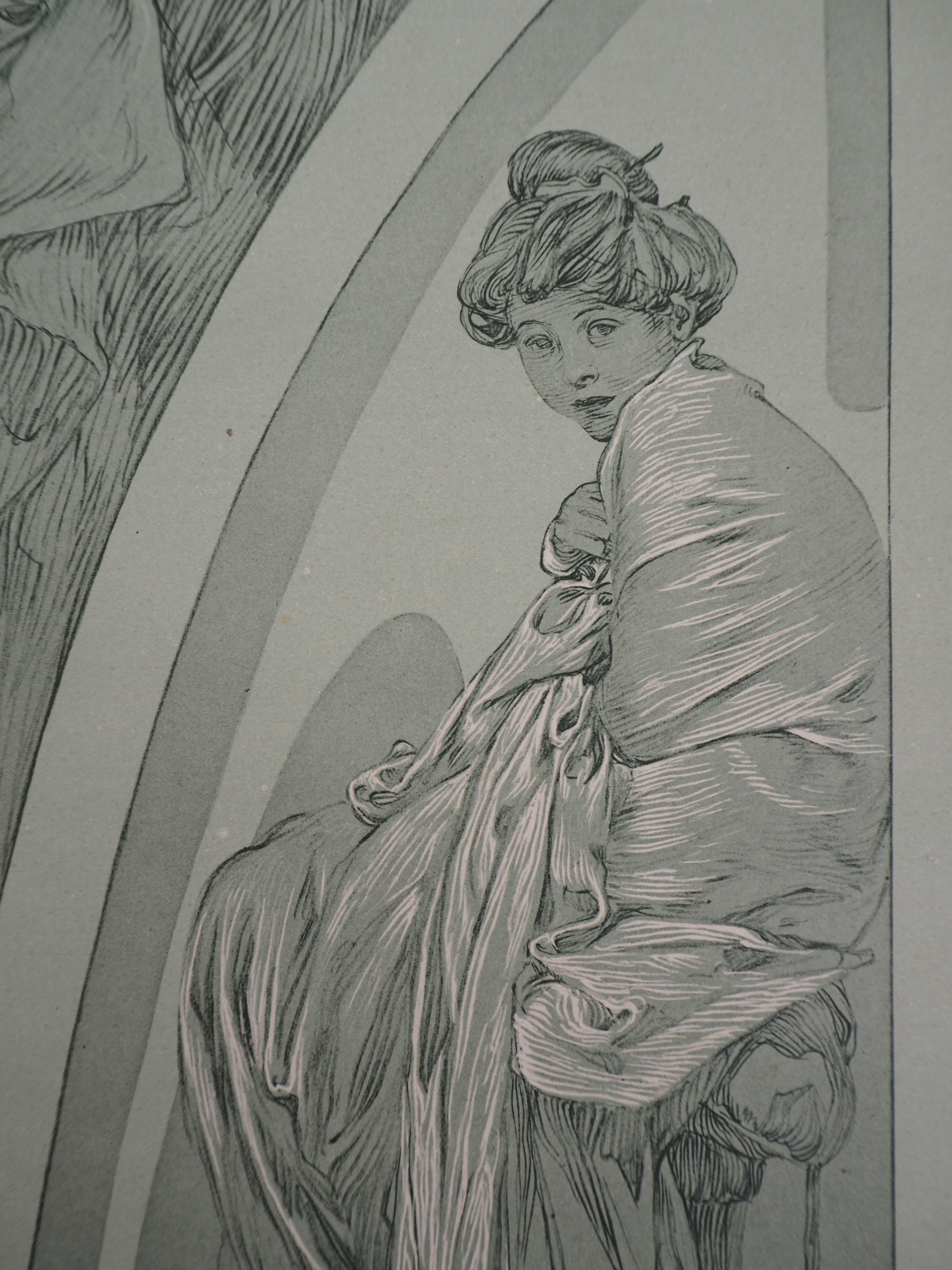 Alphonse MUCHA
Thinking Women

Lithograph
Printed signature bottom left
On heavy paper 45.5 x 33 cm (c. 18 x 13 inch)
Plate n°1 of the portfolio Figures Decoratives published by La Librairie Centrale des Beaux-Arts, published in 1902. Bearing the