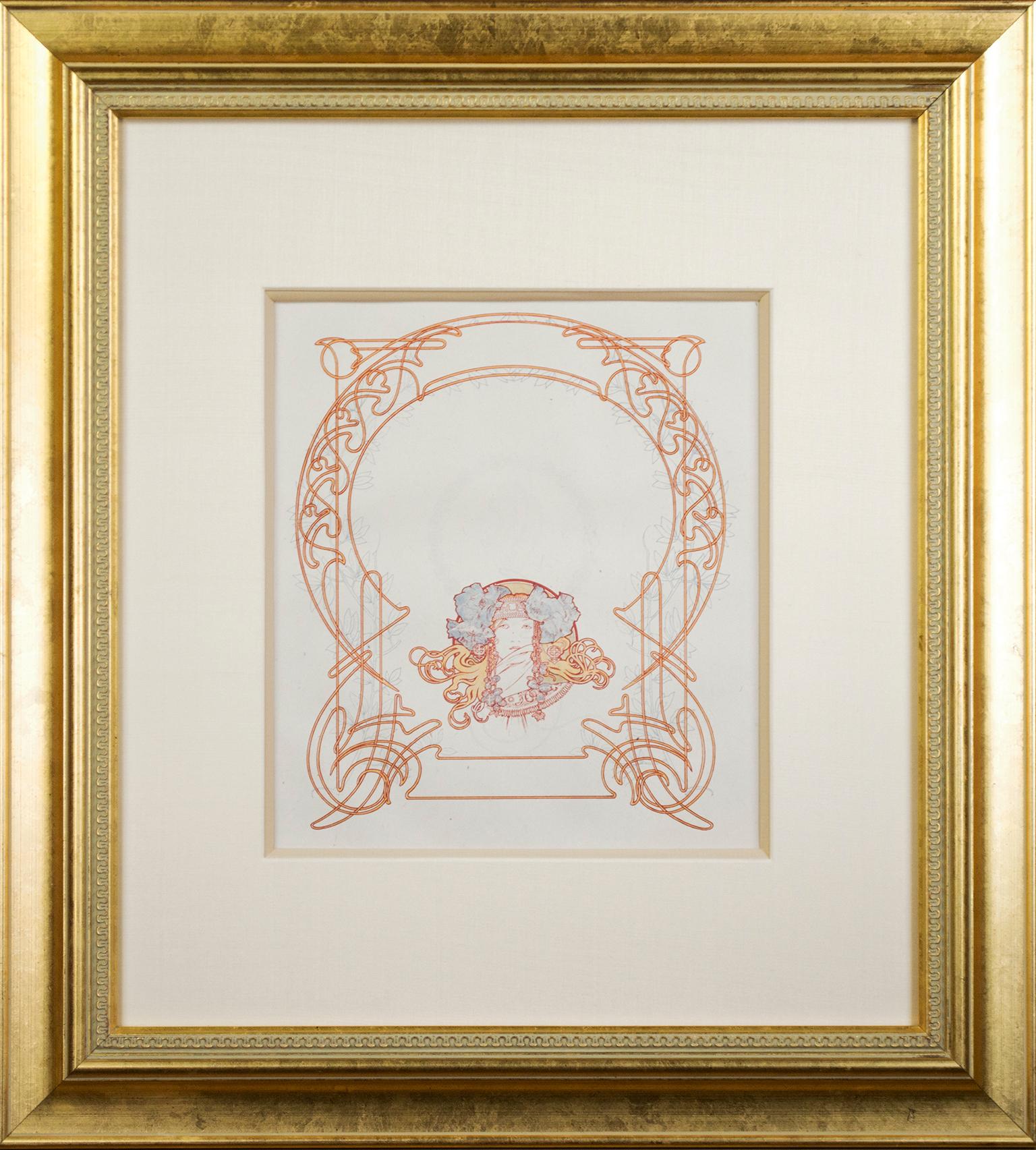 Ex-libris orné art nouveau lithographie en couleurs de la fin du 19e siècle - Art nouveau Print par Alphonse Mucha