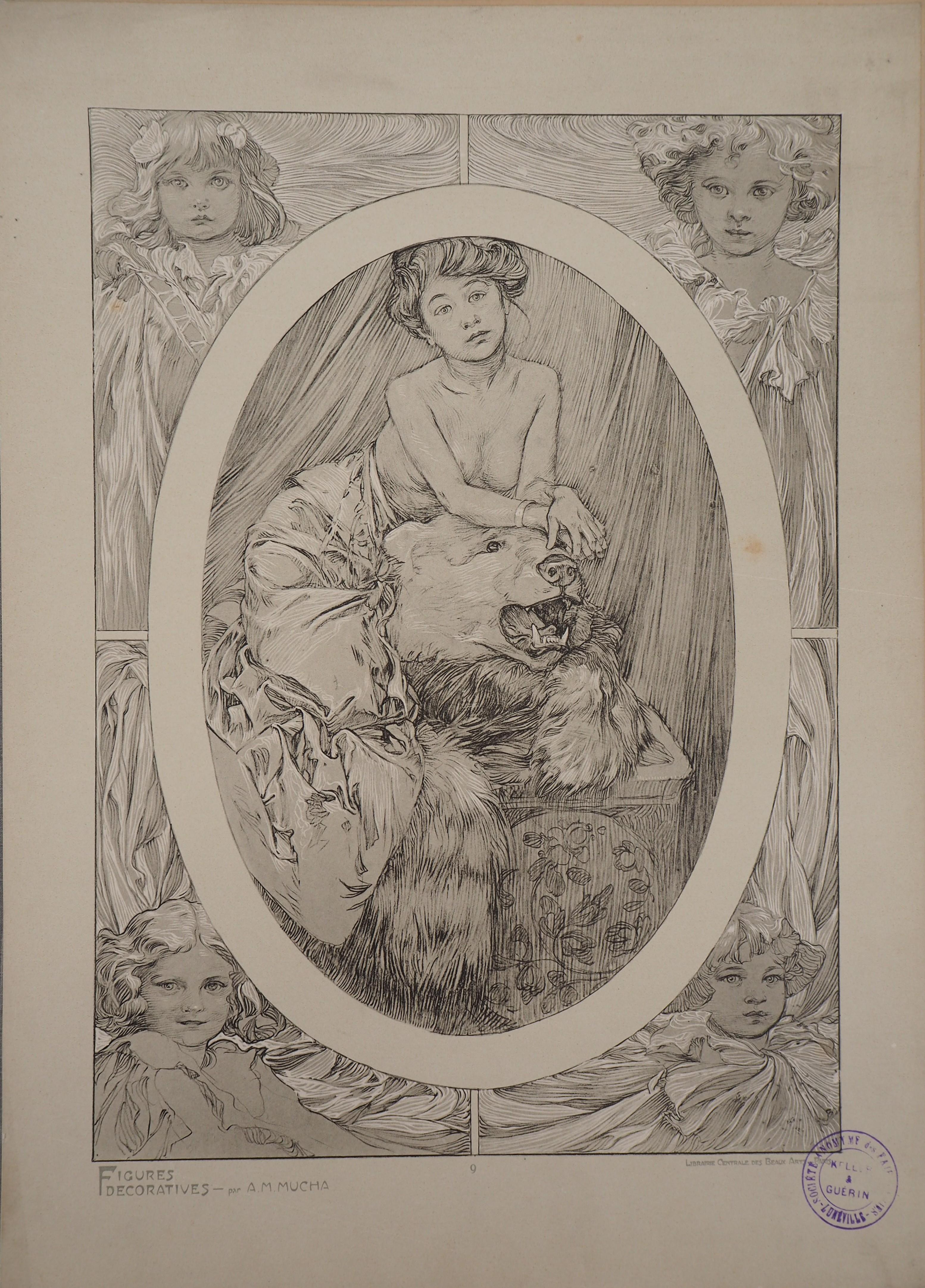 Alphonse Mucha Figurative Print - Young Woman with a Bear - Lithograph 1902