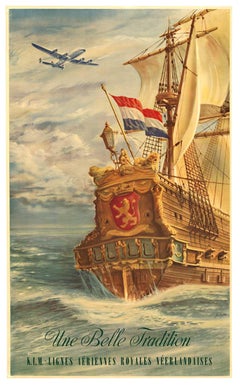 Original K.L.M. - Lignes Aeriennes Royales Países Bajos cartel de viaje de época