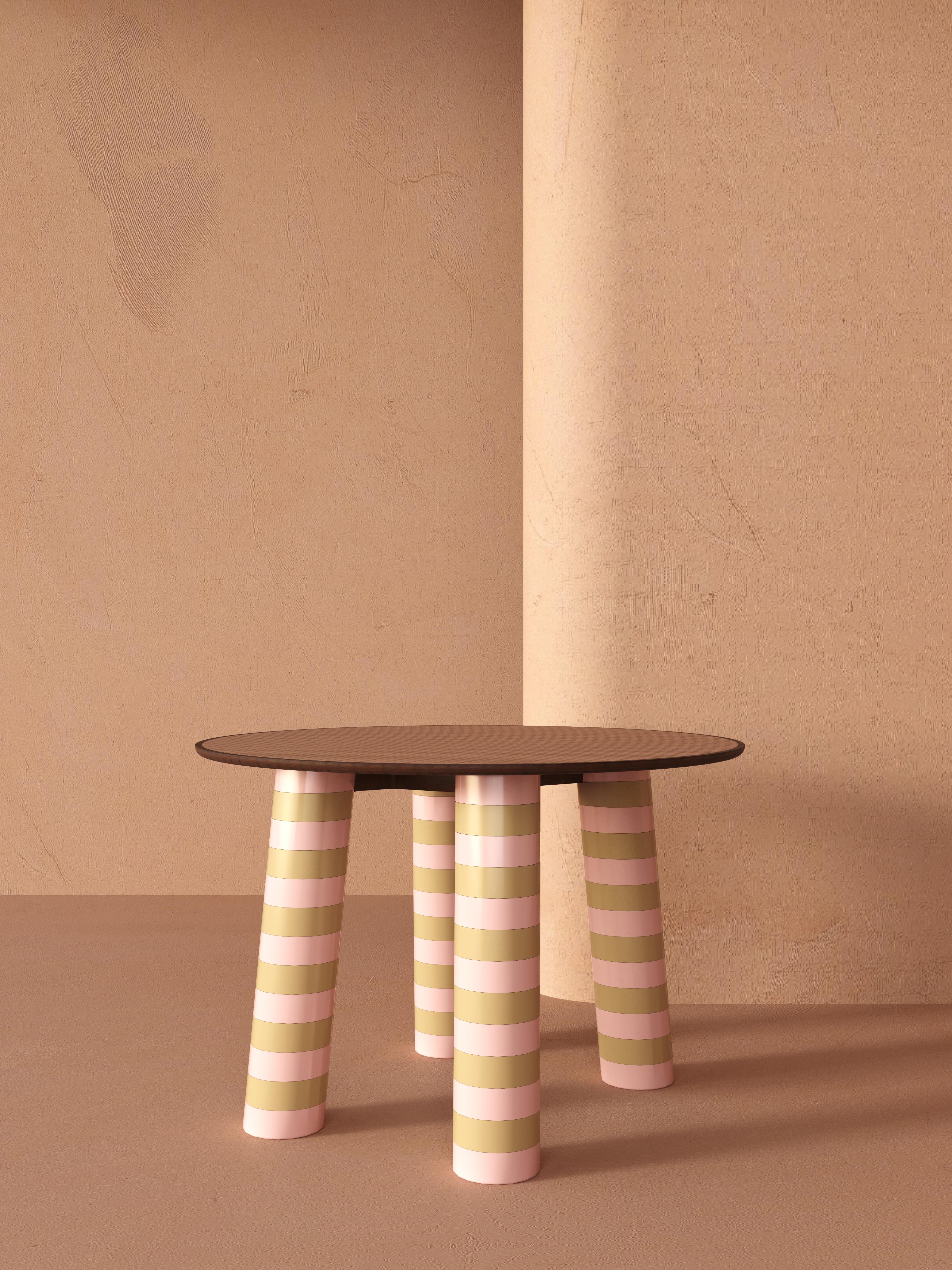 ALPI Grada Rosa Veneer 'Limpid'' Circle Table by Tugba Ata
Dimensions: D 105 x H 75 cm.
Materials: ALPI Grada Rosa veneer is used on the table top. Walnut veneer is used on the wooden parts. Pastel pink and pastel yellow lacquer is used on the table