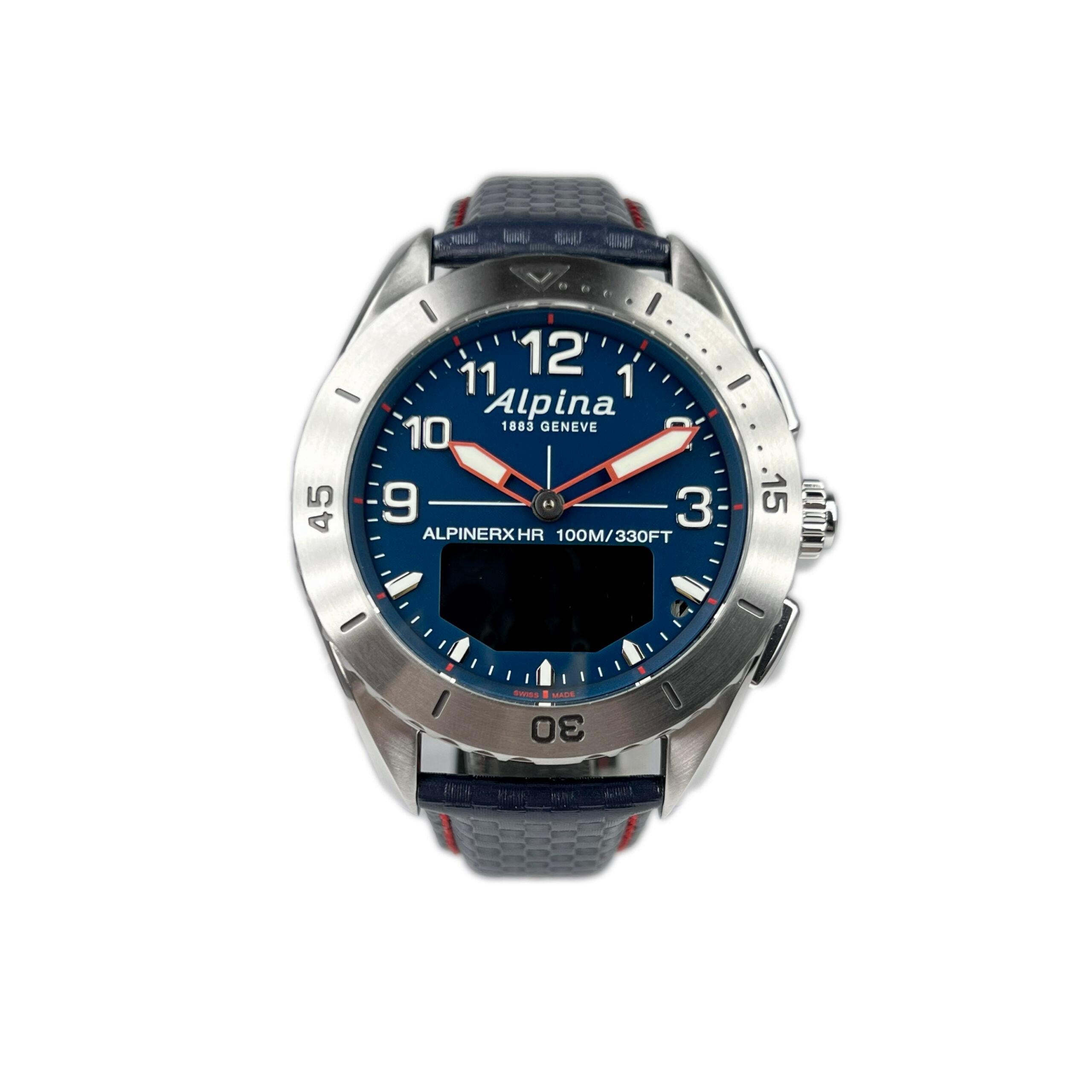 This Men’s Watch features a blue dial with mat finishing and silver color indices that have been coated with a white luminous treatment. Blue inner ring with blue markers. Red hands with white luminous treatment. Amoled touch screen. The case