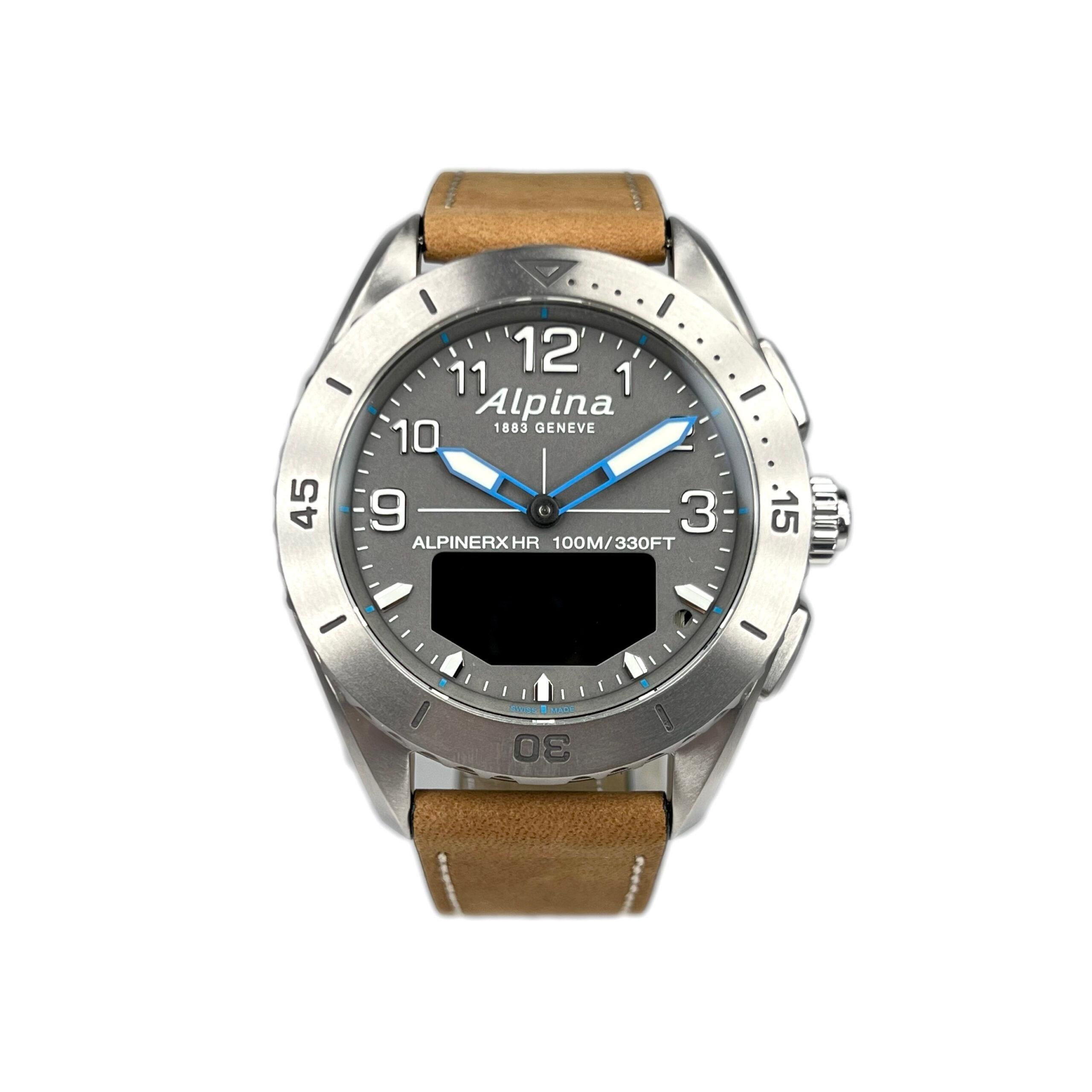 This Men’s Watch features a gray dial with mat finishing and silver color indices that have been coated with a white luminous treatment. Grey inner ring with blue markers. Blue hands with white luminous treatment. Amoled touch screen. The case