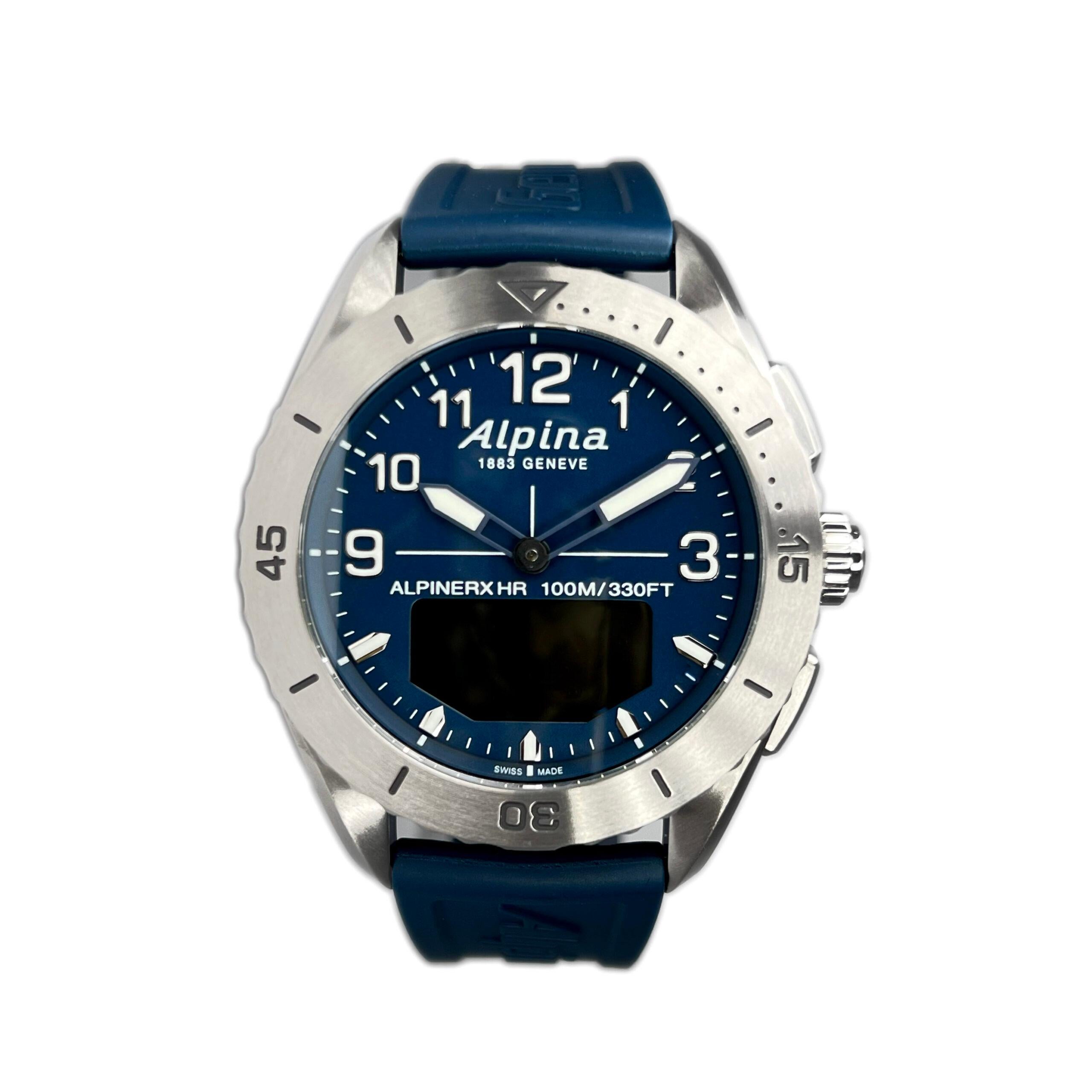 This Men’s Watch features a blue dial with mat finishing and silver color indices that have been coated with a white luminous treatment. Blue inner ring with blue markers. Blue hands with white luminous treatment. Amoled touch screen. The case