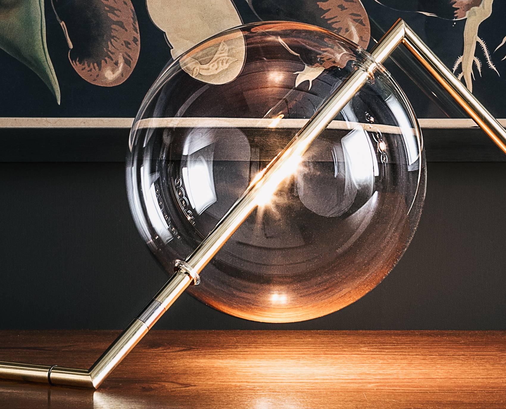 Italian Alpina Sculptural Minimalist Table / Floor Lamp Polished Brass Blown Glass For Sale