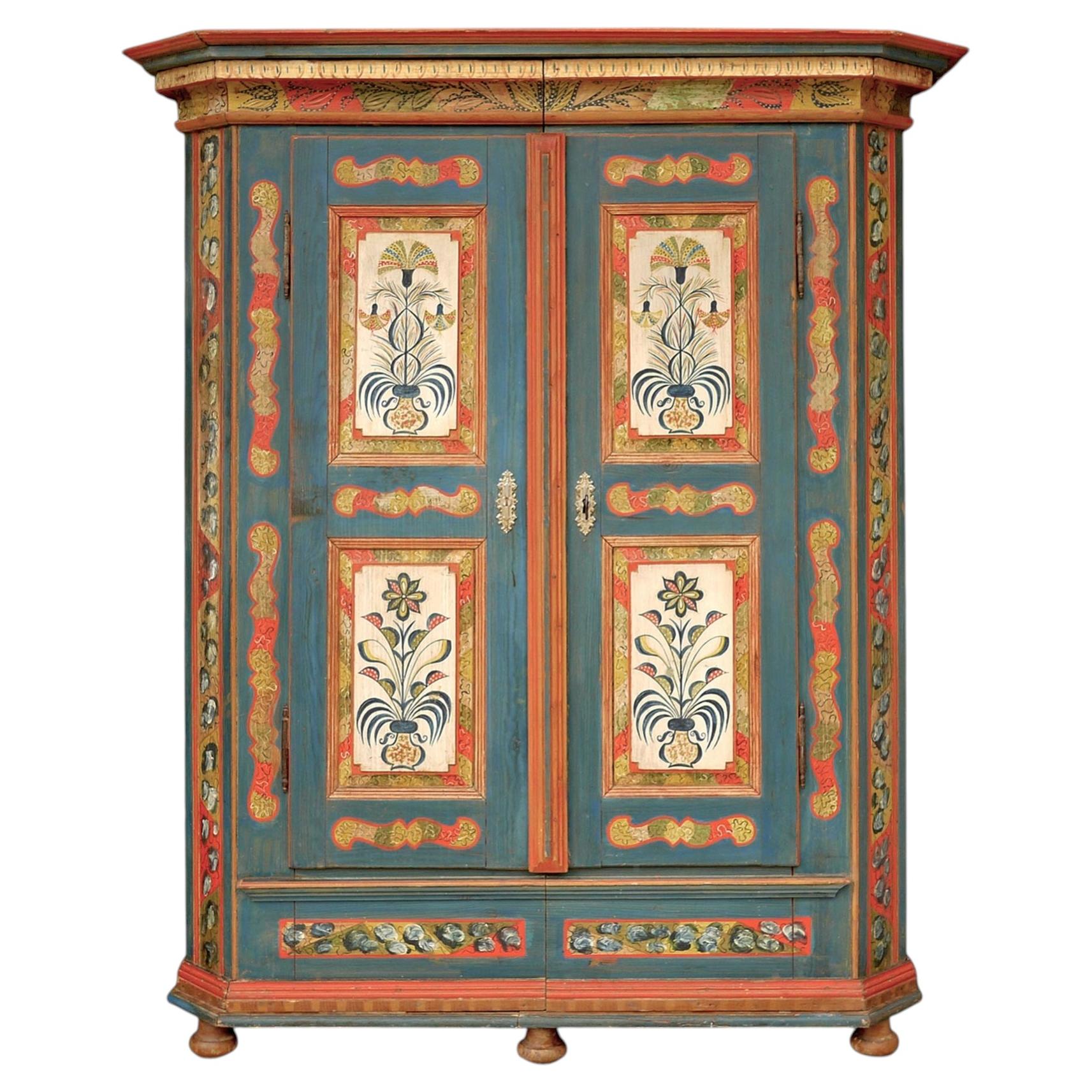 Alpine Blue Floral Painted Cupboard - Early 19th Century