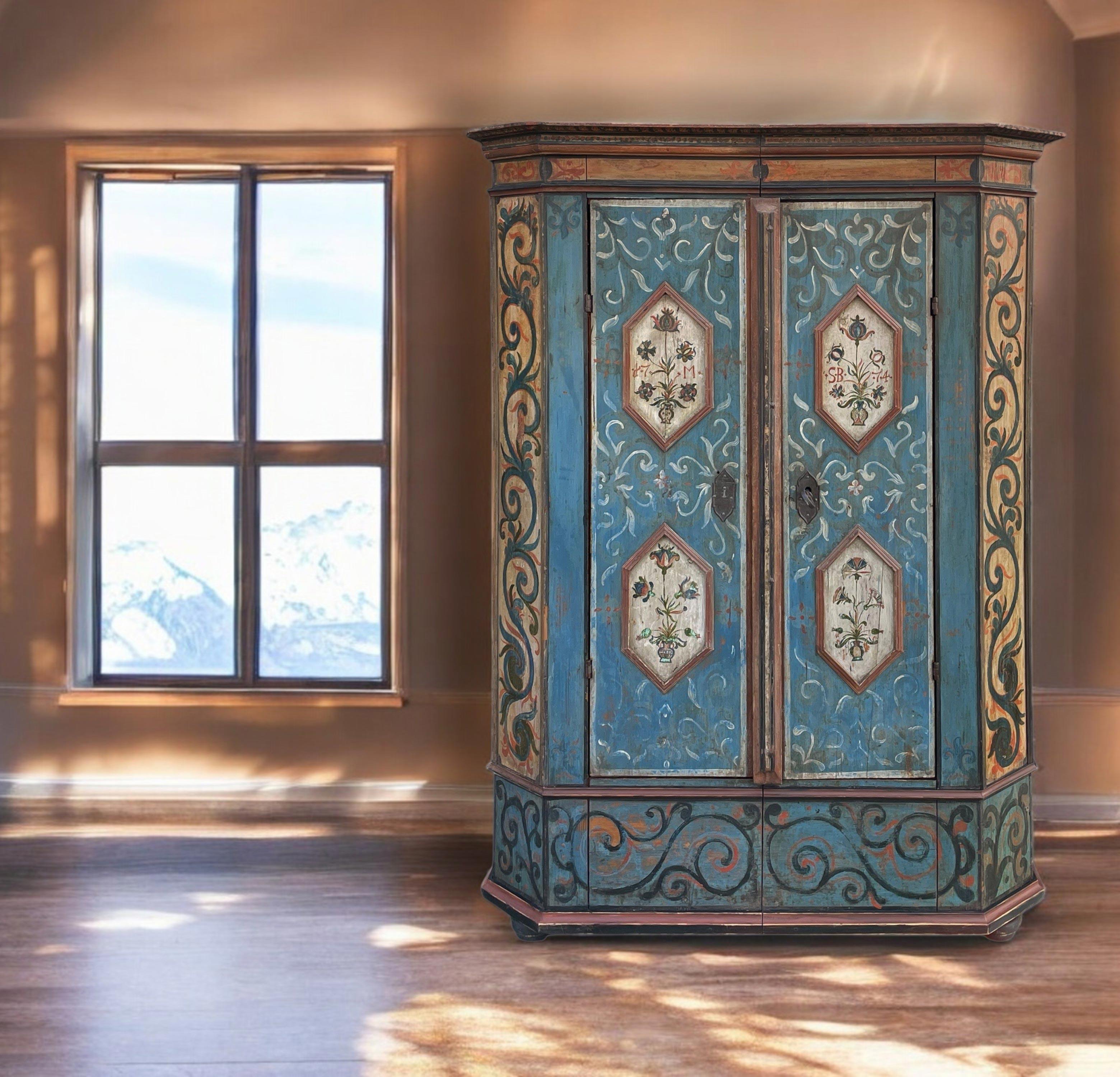 Alpine Blue Painted Wardrobe 1774

Measurements: H. 183 cm – W. 126 cm (138 cm to the corners)  – D. 47 cm (54 cm to the corners)
Period: 1774
Origin: Tyrol (European Alpine Region Italy-Austria)
Essence: Fir

Description:

Two-door wardrobe