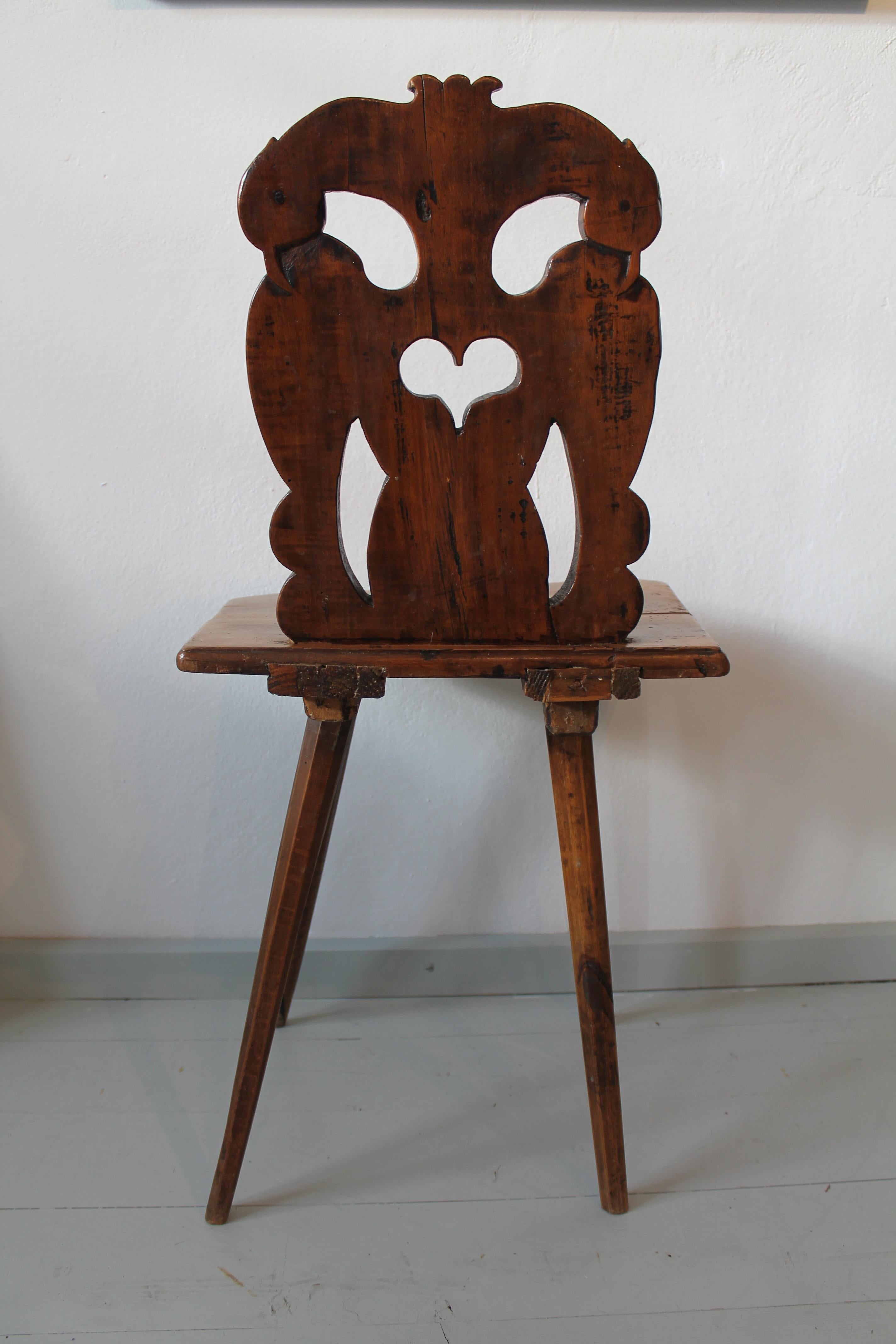 Baroque Alpine Board Chair Decorated with Two Birds 18th Century For Sale