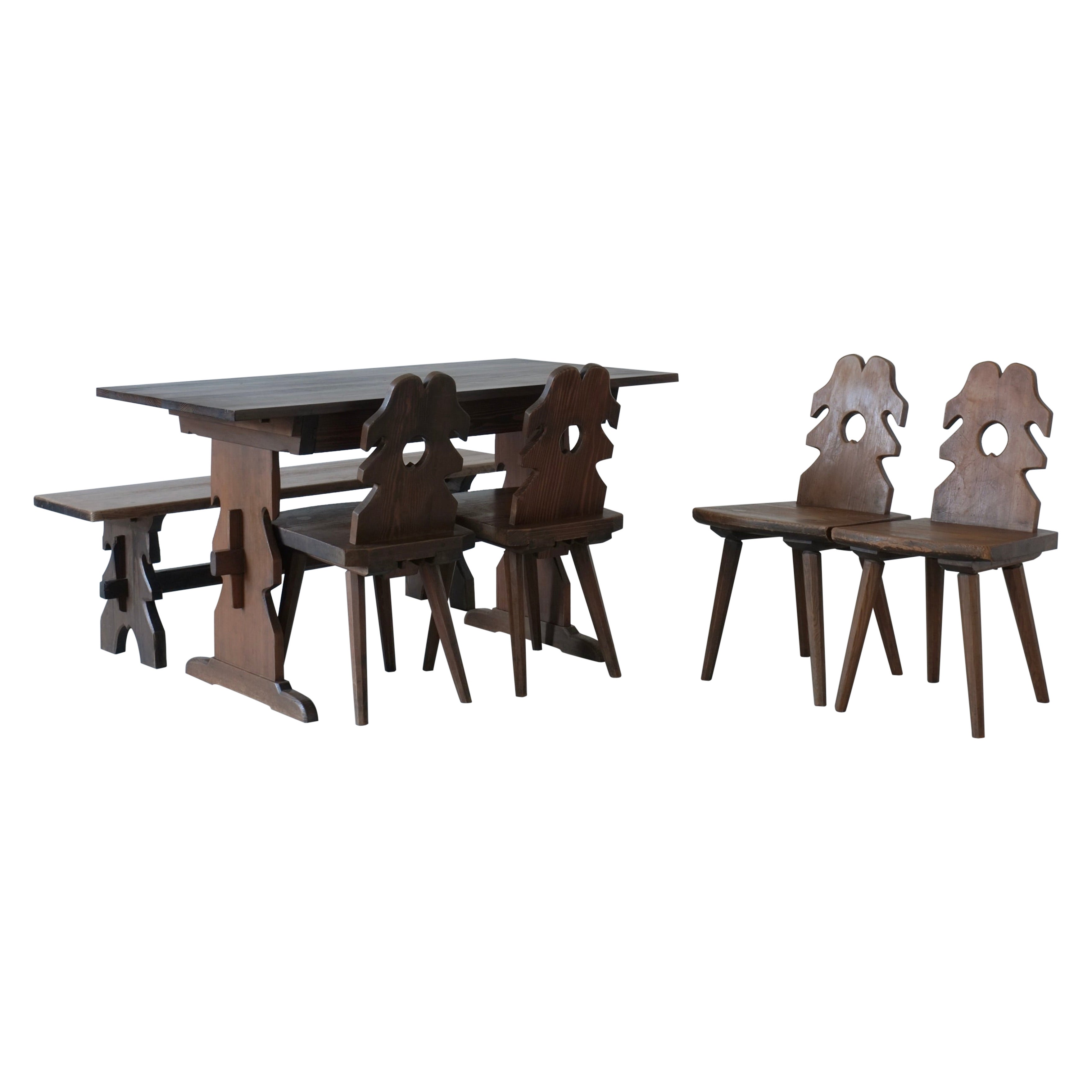 Alpine Carved Pine Dining Table Set, 1950s For Sale