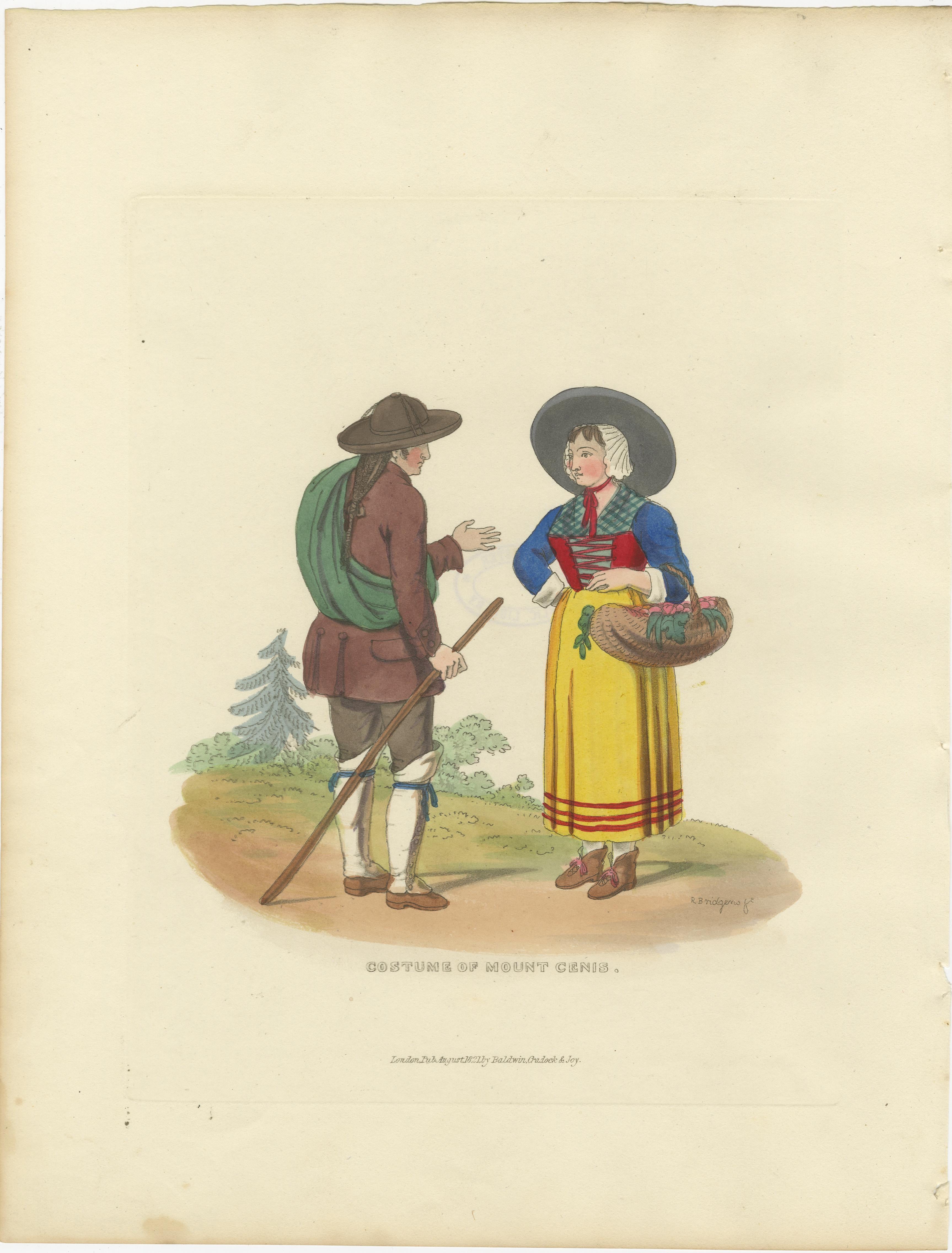 Kostümdrucke des 19. Jahrhunderts - Mount Cenis-Kostüme und Krankenpflege-Szene, 1835

Dieses reizvolle Paar von zwei handkolorierten antiken Drucken aus dem Jahr 1835 zeigt die Trachten und das tägliche Leben in der Region des Mount Cenis. Diese