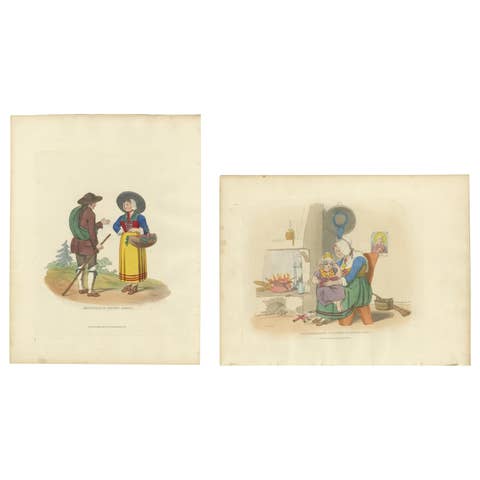 Alpine Folklore – Mount Cenis Costumes and Hearthside Scene, 1835