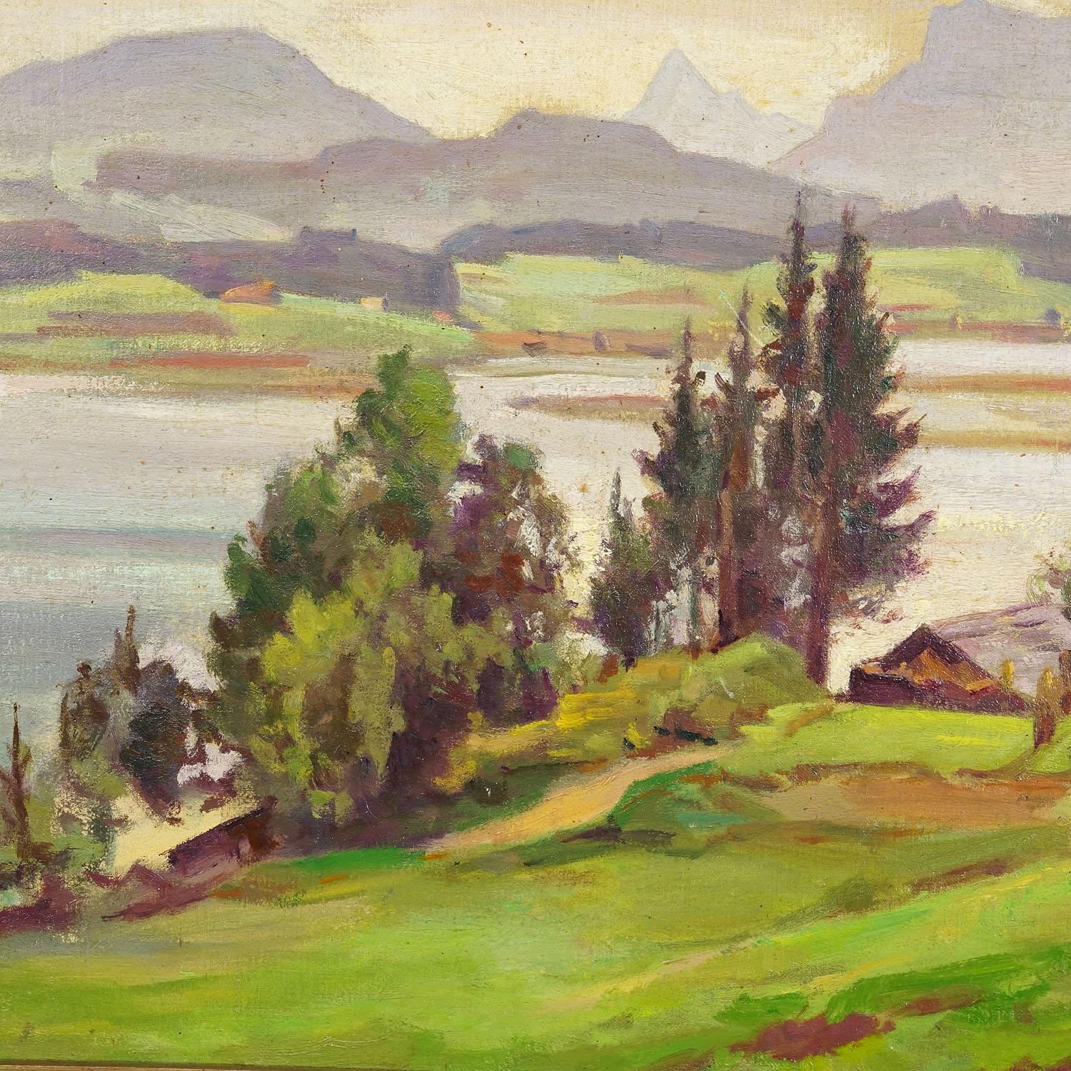 Country Alpine Lake View Oil Painting with Tyrolean Hut For Sale