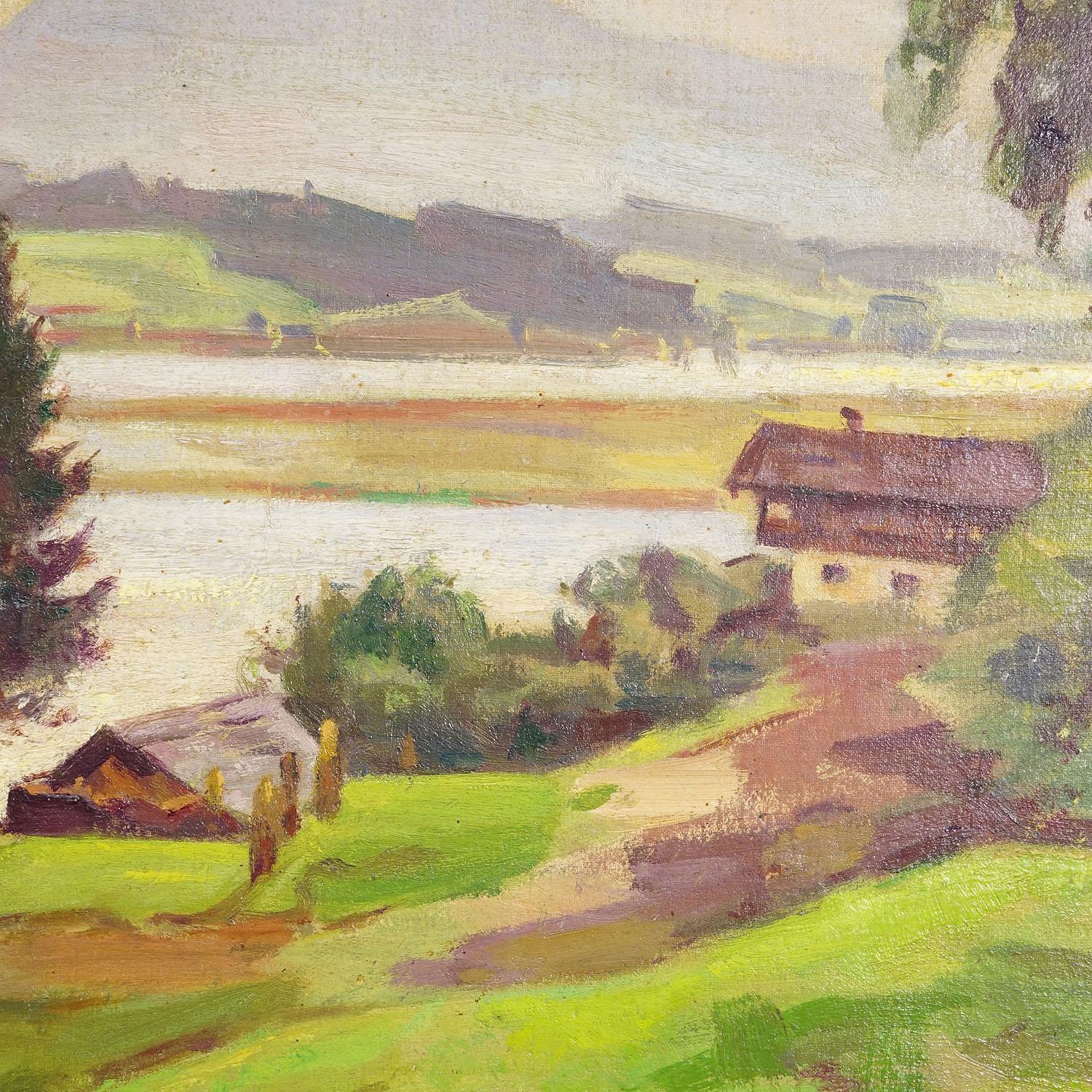 German Alpine Lake View Oil Painting with Tyrolean Hut For Sale