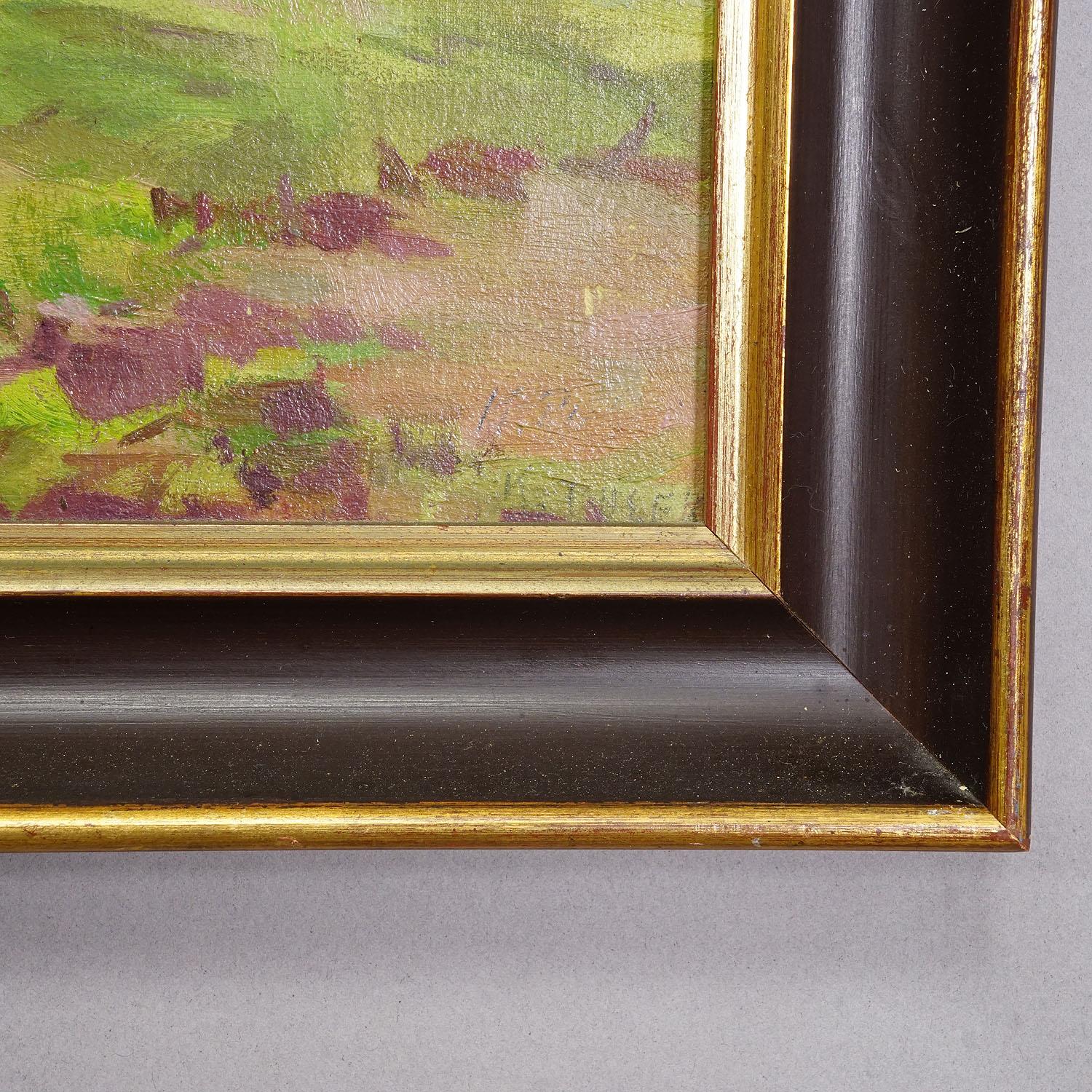 20th Century Alpine Lake View Oil Painting with Tyrolean Hut For Sale