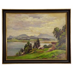 Alpine Lake View Oil Painting with Tyrolean Hut