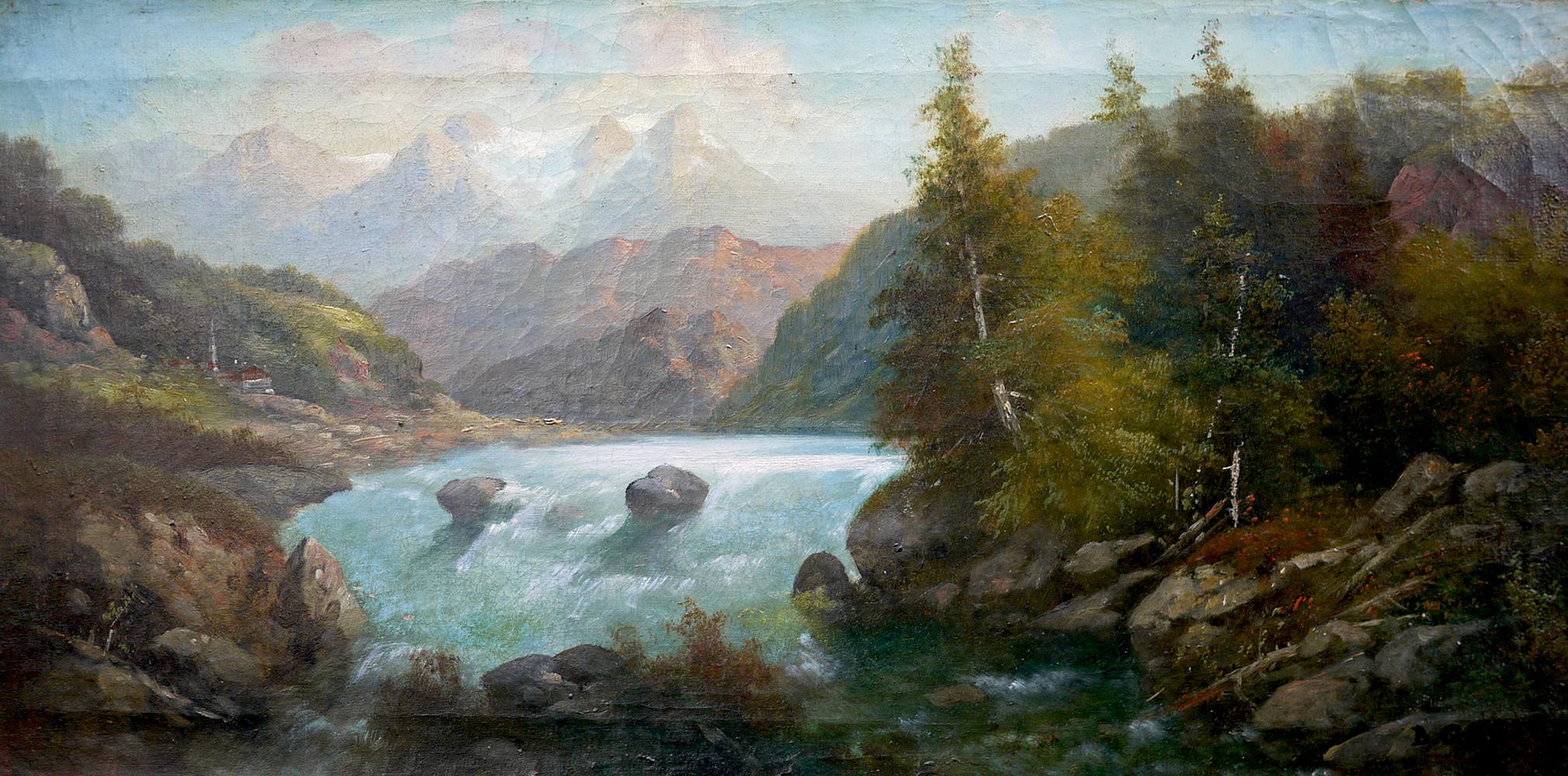 Alpine landscape, B. Gresse, second half of the 19th century.

Oil on canvas.

Measures: 31 cm x 63 cm (dimensions referring to the canvas only - 45 cm x 76 cm with black frame - the painting is sold with frame).

Available with the original