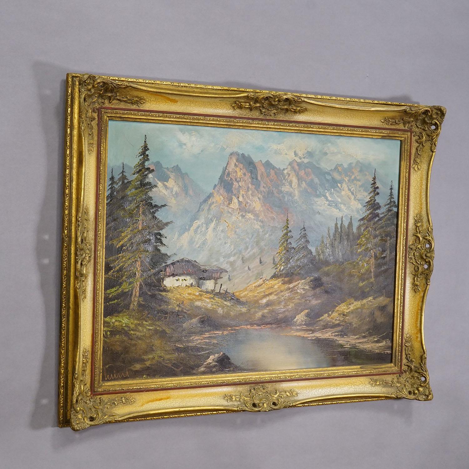 Alpine Landscape Oil Painting with Tyrolean Mountain Hut

A large vintage landscape painting enclosed in an ornate, gold-colored frame. Painted on canvas with pastell colors. The painting depicts a serene scene in the Karwendel mountains with a