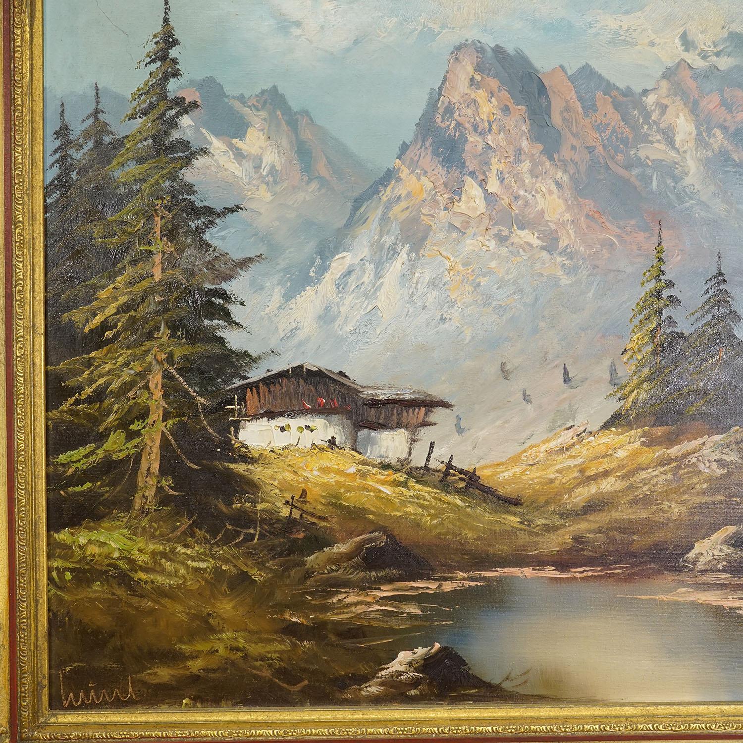 Rustic Alpine Landscape Oil Painting with Tyrolean Mountain Hut For Sale