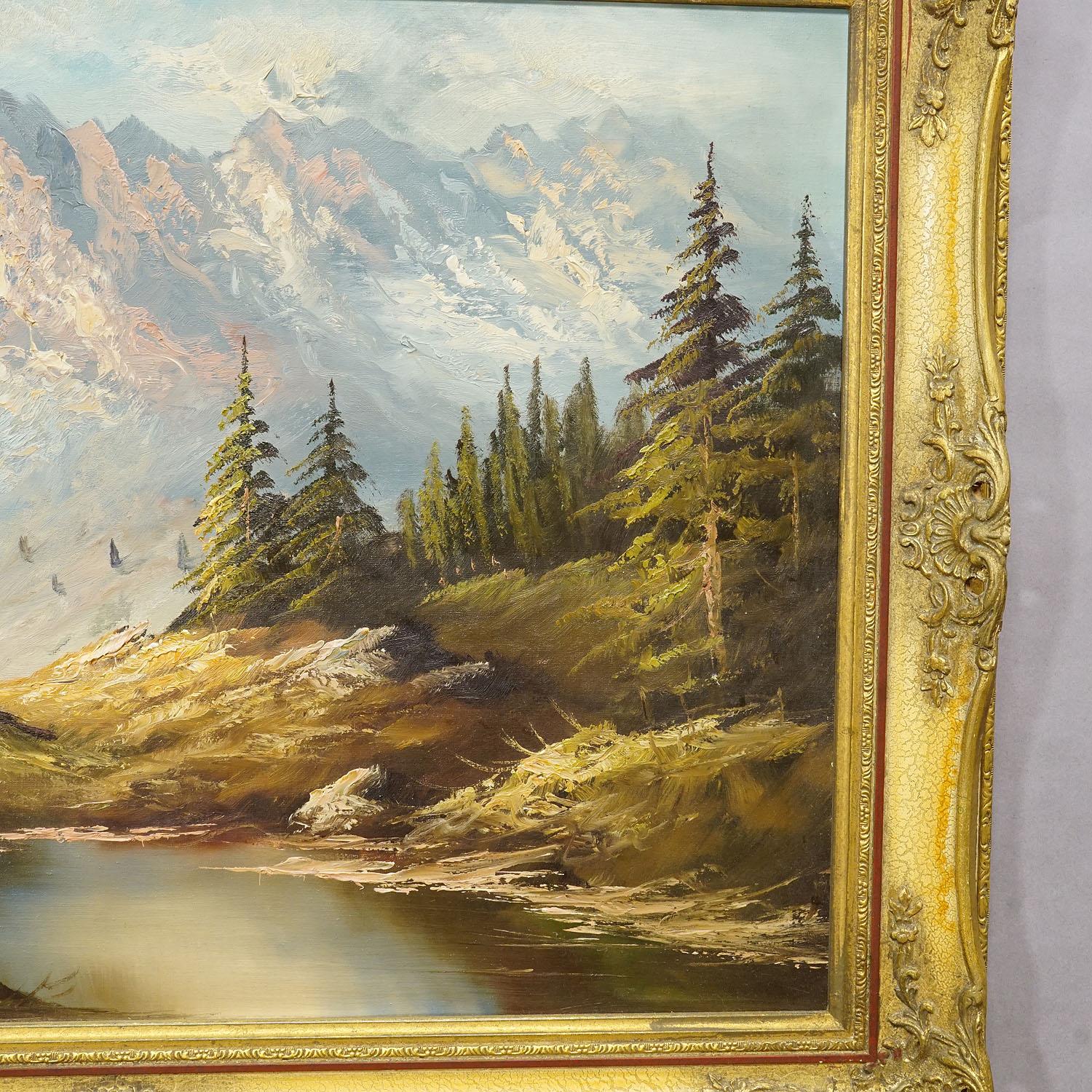 German Alpine Landscape Oil Painting with Tyrolean Mountain Hut For Sale