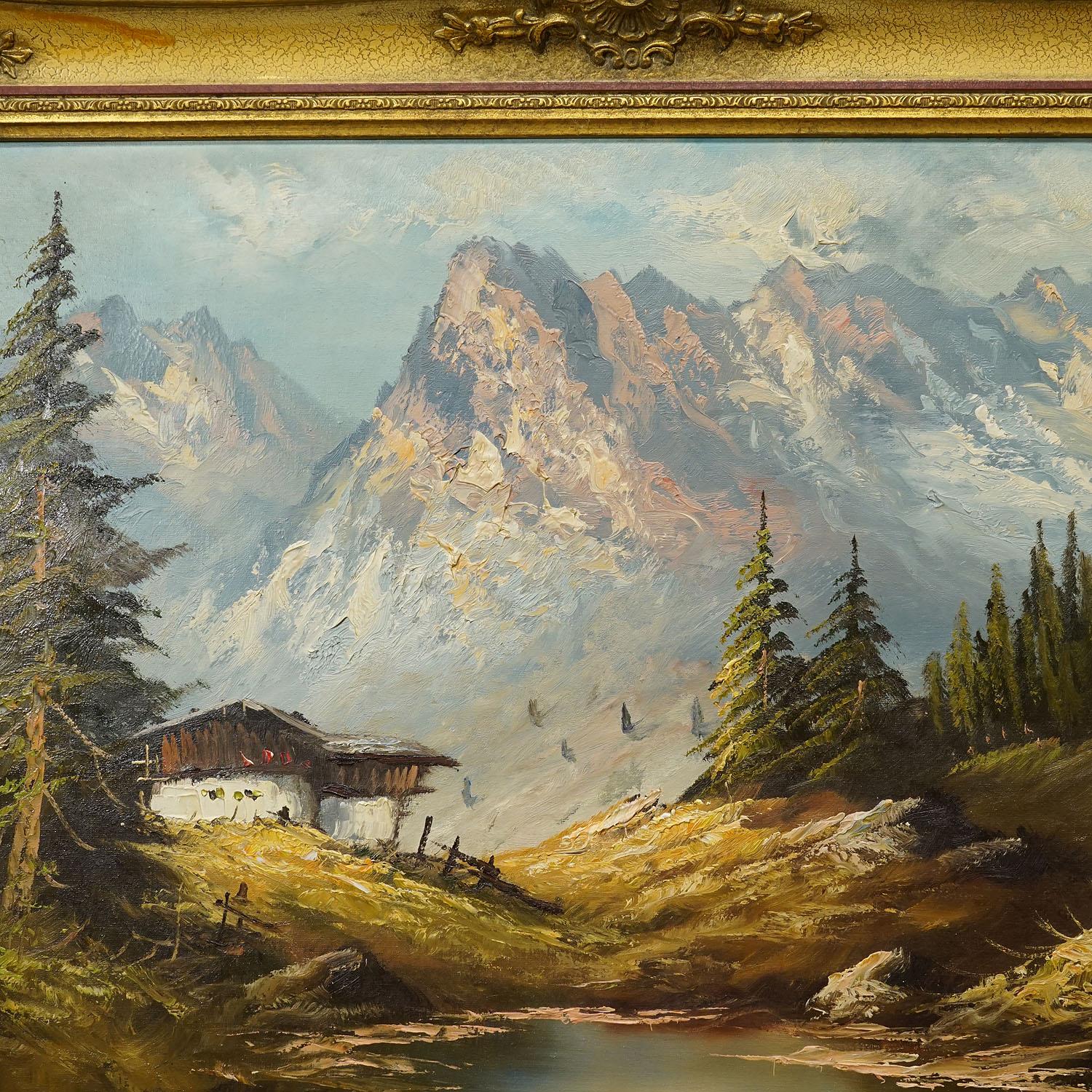 Alpine Landscape Oil Painting with Tyrolean Mountain Hut In Good Condition For Sale In Berghuelen, DE