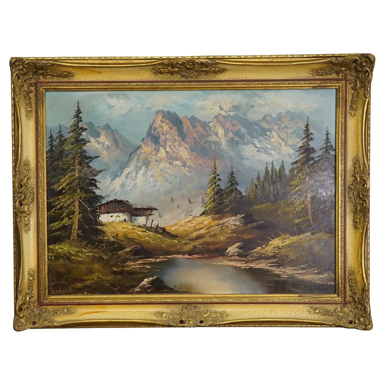 Alpine Landscape Oil Painting with Tyrolean Mountain Hut