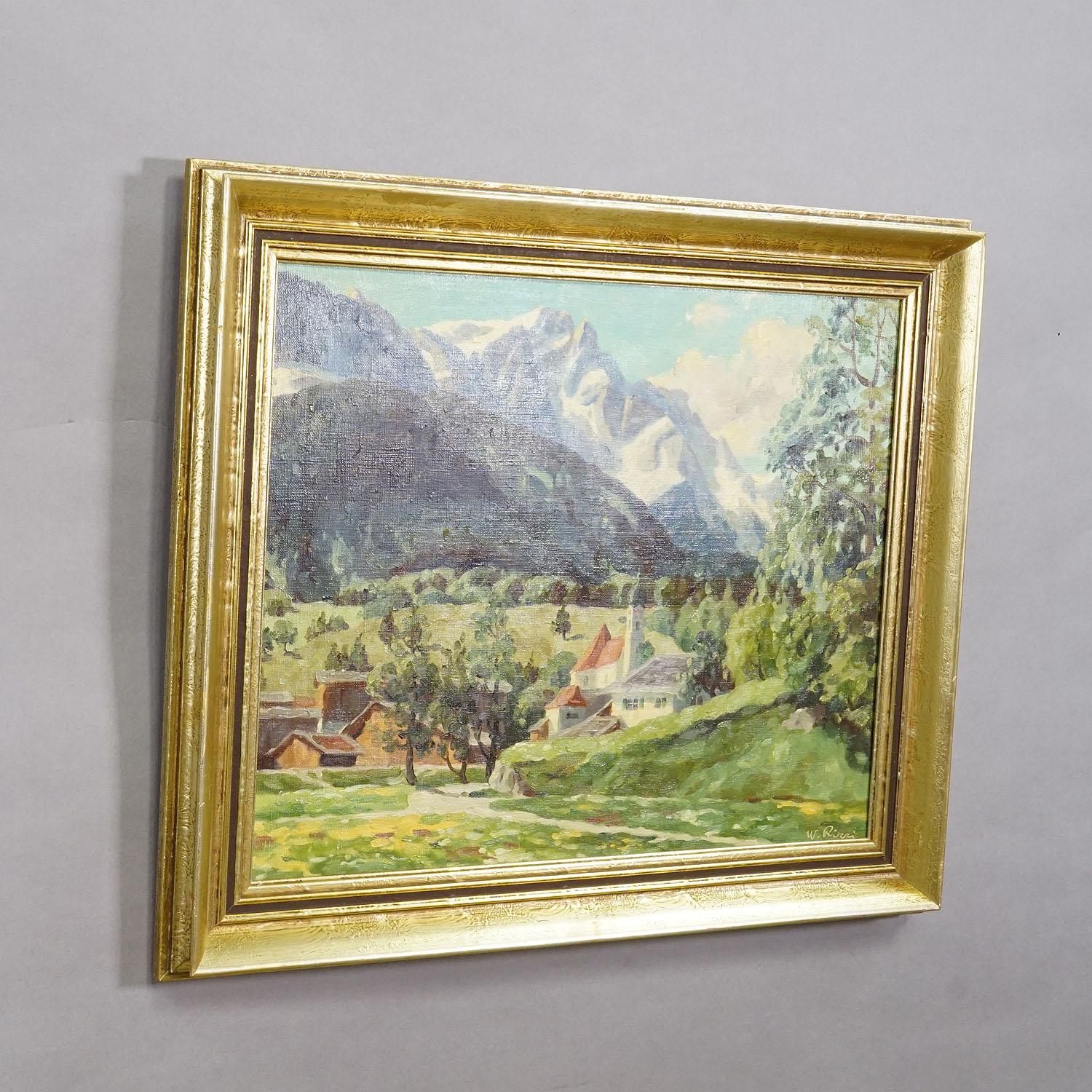 Alpine Landscape Oil Painting with Tyrolean Mountain Village

A large landscape painting, framed in a gold-colored frame. Painted on canvas with oil paints. The painting shows a scene in the Alpine mountains with a small village surrounded by green