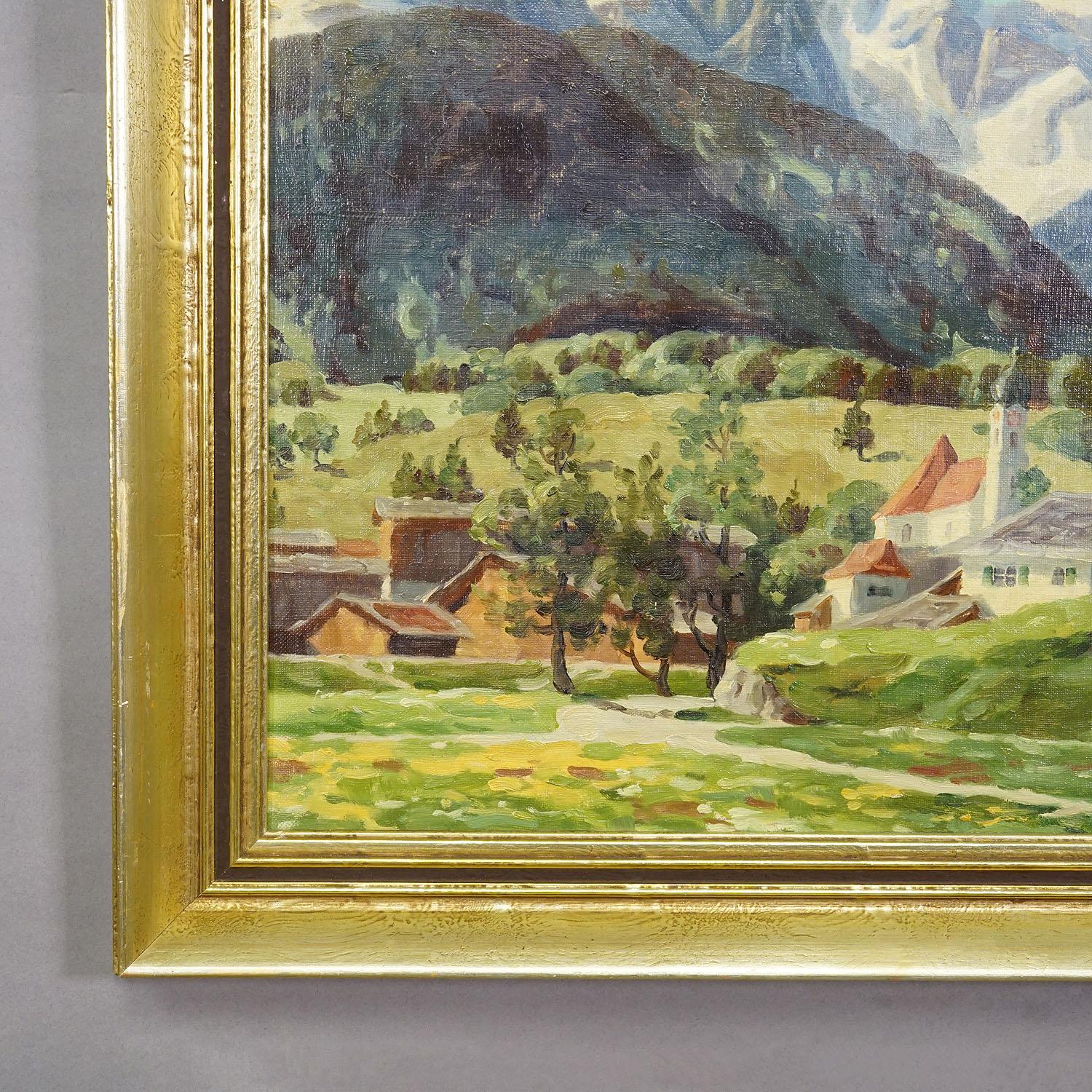 Country Alpine Landscape Oil Painting with Tyrolean Mountain Village For Sale