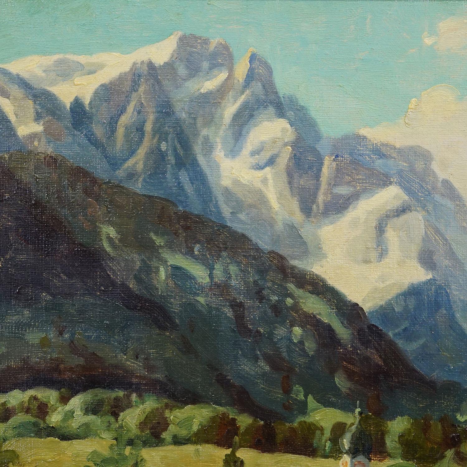 Alpine Landscape Oil Painting with Tyrolean Mountain Village In Good Condition For Sale In Berghuelen, DE