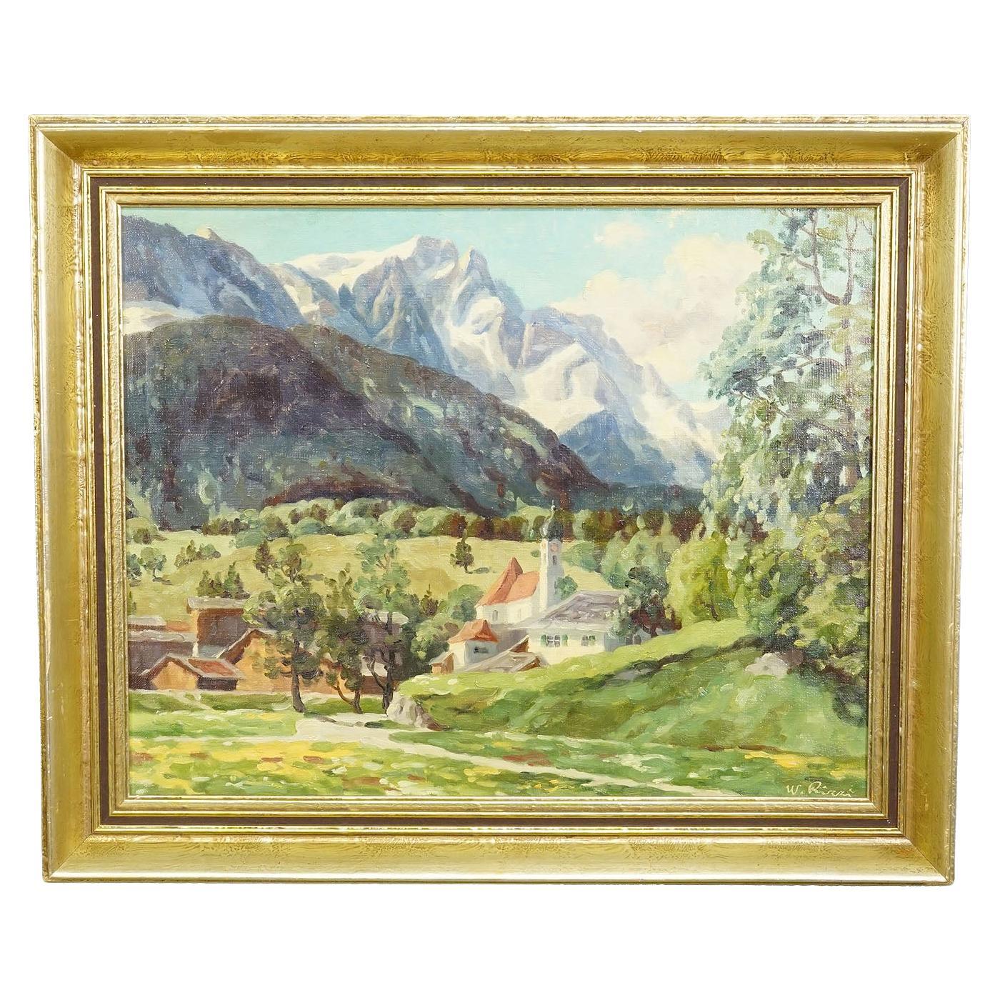 Alpine Landscape Oil Painting with Tyrolean Mountain Village