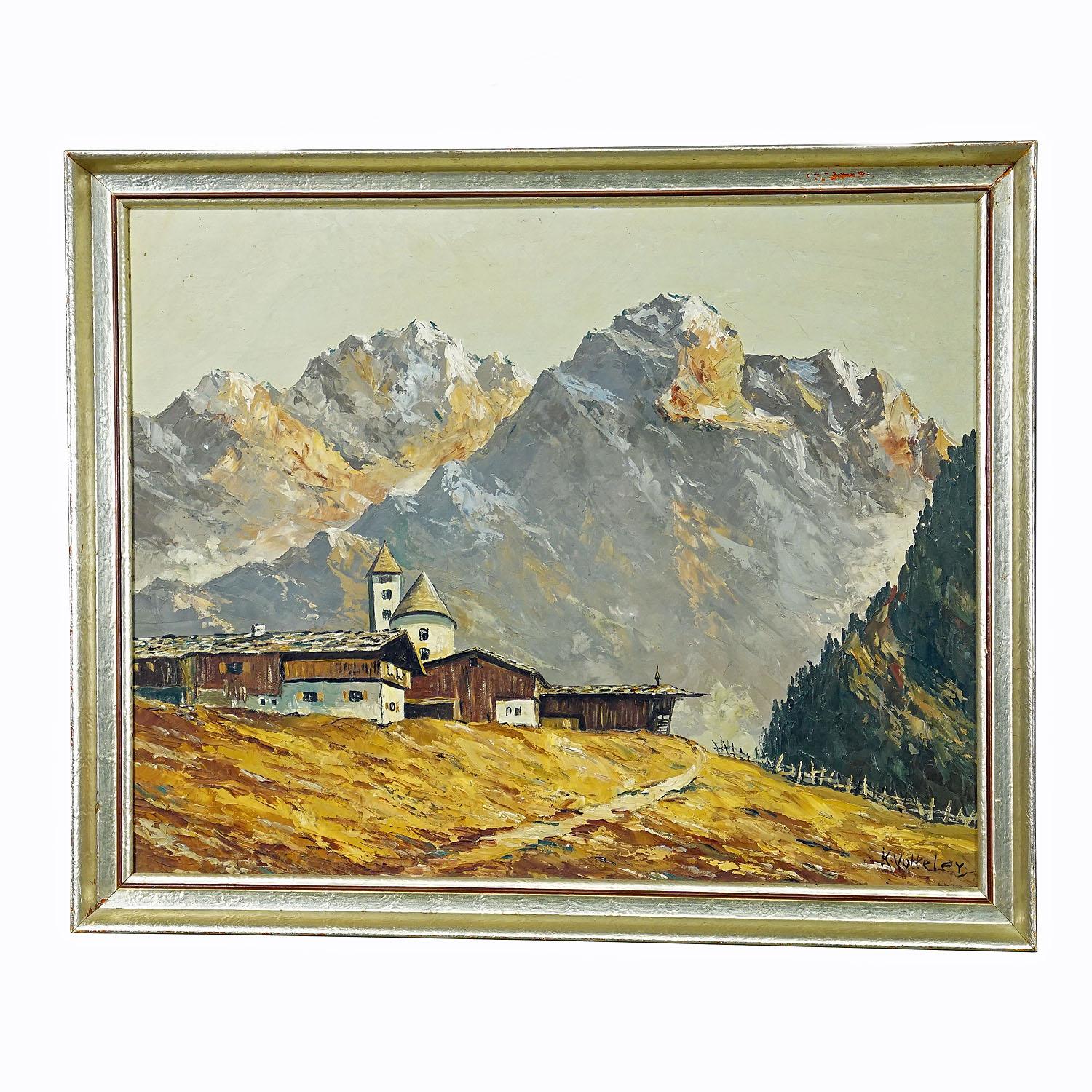 Alpine Landscape Oil Painting with Tyrolian Mountain Village

A large vintage oil painting depicting an Alpine landscape with Tyrolian mountain village. Painted on cardboard with pastell colors. Framed with antique decorative gilded frame. On the