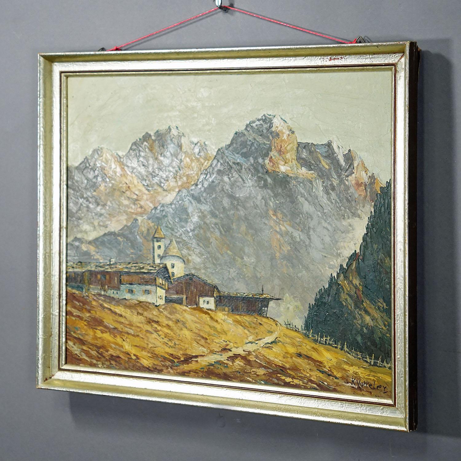 Biedermeier Peinture à l'huile de paysage alpin avec village de montagnes de Tyrolie en vente