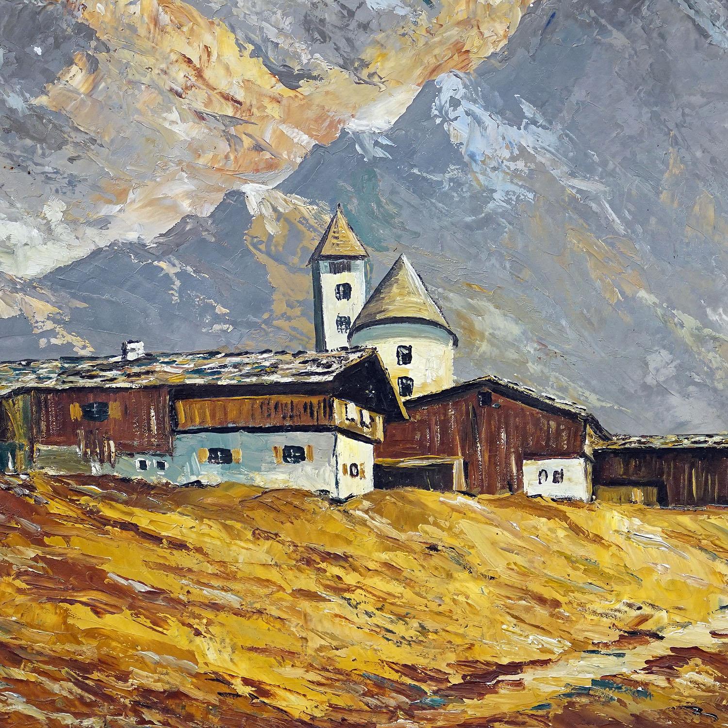 Allemand Peinture à l'huile de paysage alpin avec village de montagnes de Tyrolie en vente