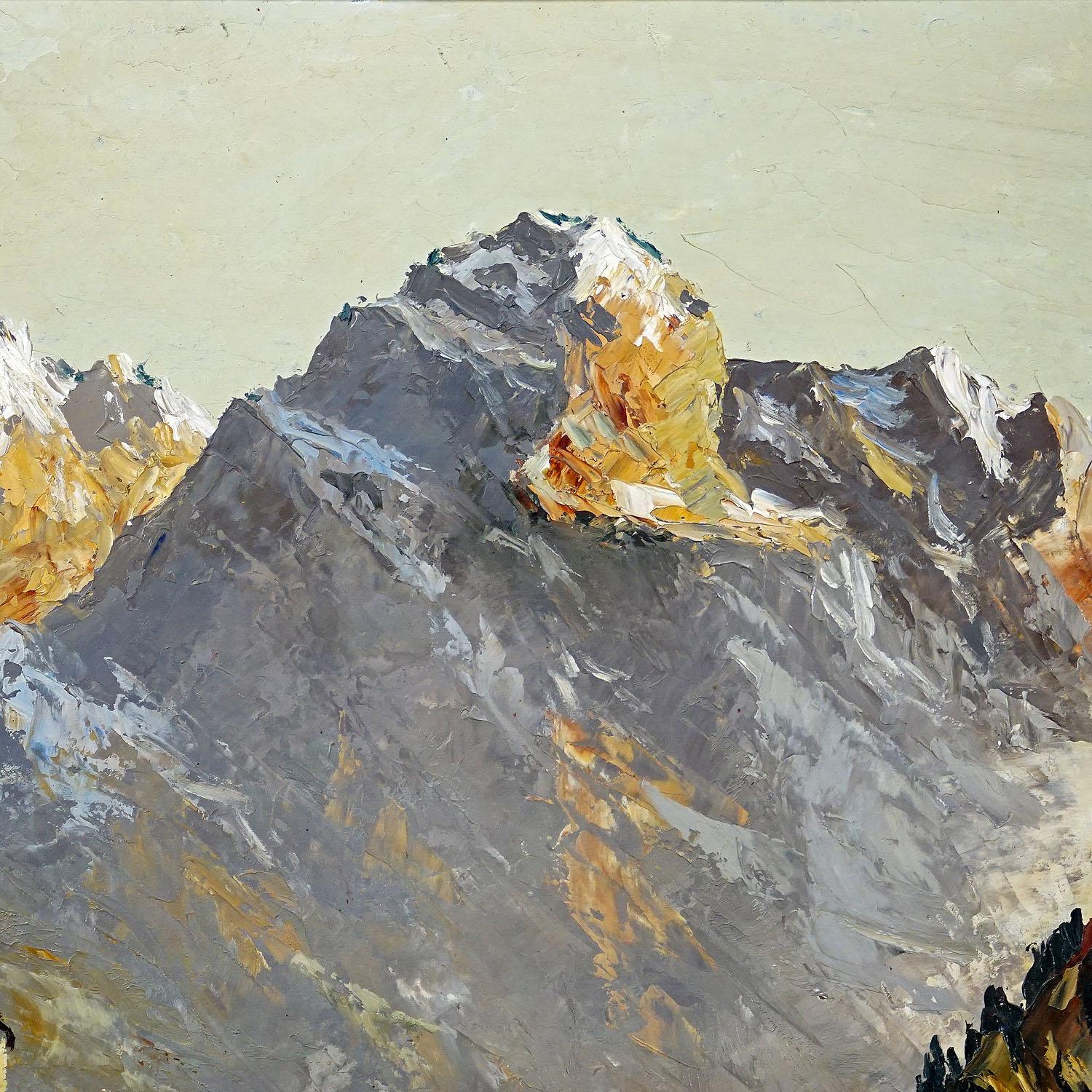 Peinture à l'huile de paysage alpin avec village de montagnes de Tyrolie Bon état - En vente à Berghuelen, DE