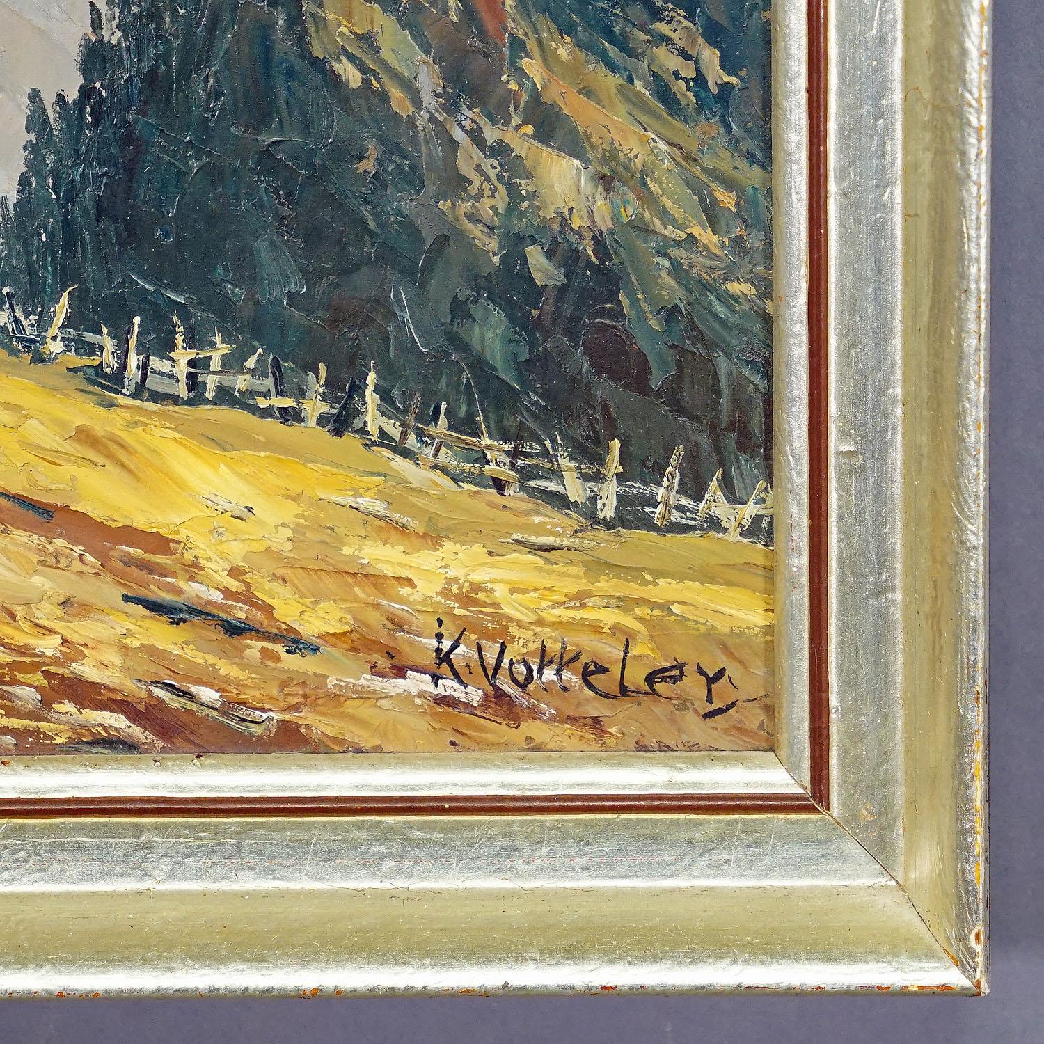 20ième siècle Peinture à l'huile de paysage alpin avec village de montagnes de Tyrolie en vente