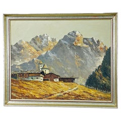 Antique Alpine Landscape Oil Painting with Tyrolian Mountain Village