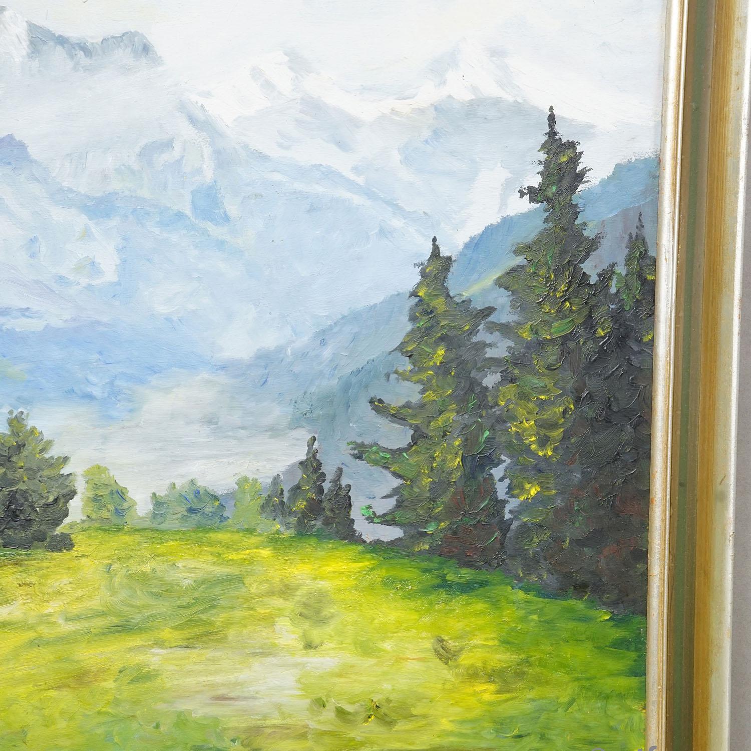 Alpine Landscape Painting with Meadow, Trees and Mountains en Bueno estado para la venta en Berghuelen, DE