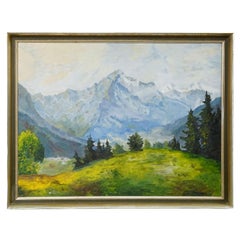 Alpine Landscape Painting with Meadow, Trees and Mountains