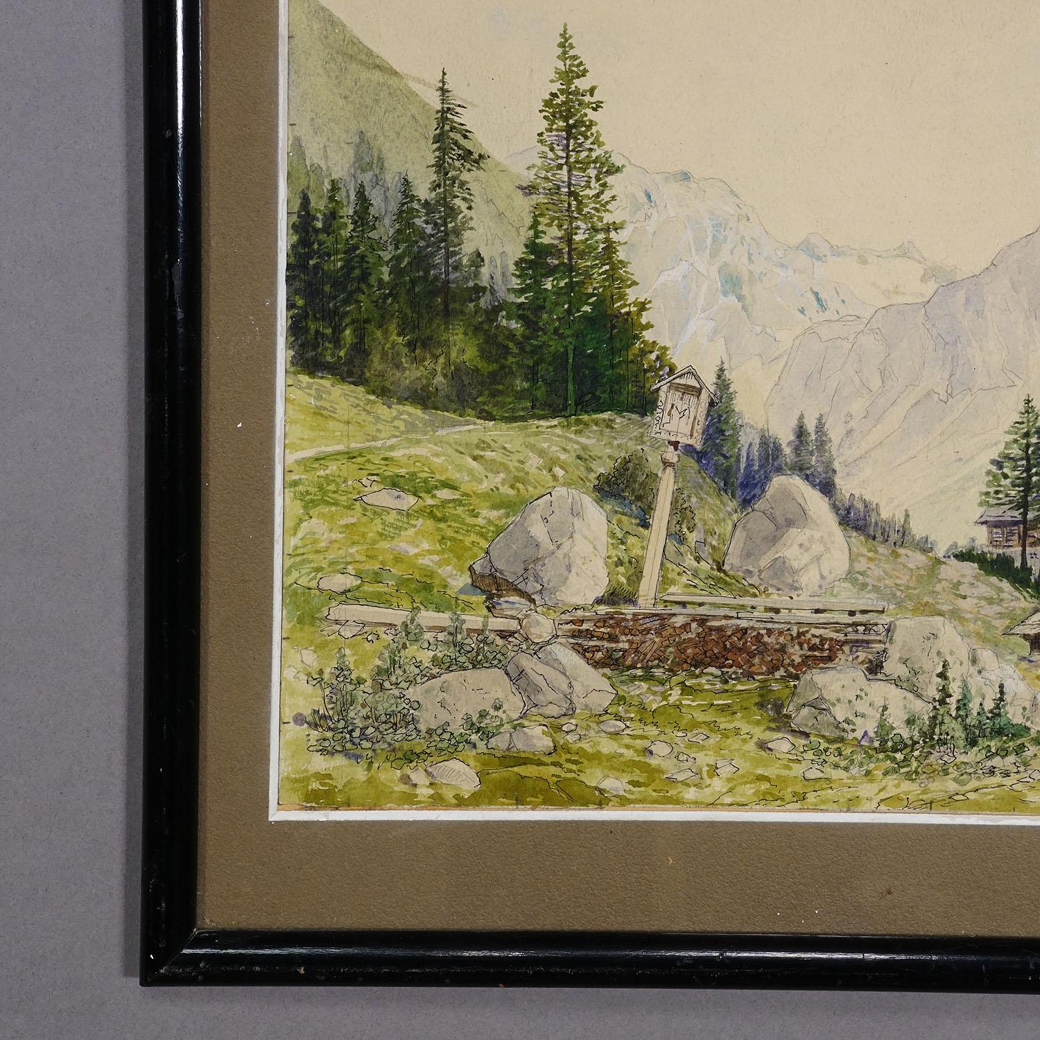 Alpine Landscape Watercolor Painting with Tyrolean Mountain Hut

A timeless landscape, brought to life with delicate watercolor strokes on humble cardboard, a fusion of nostalgia and artistry that whispers tales of bygone days. The painting depicts