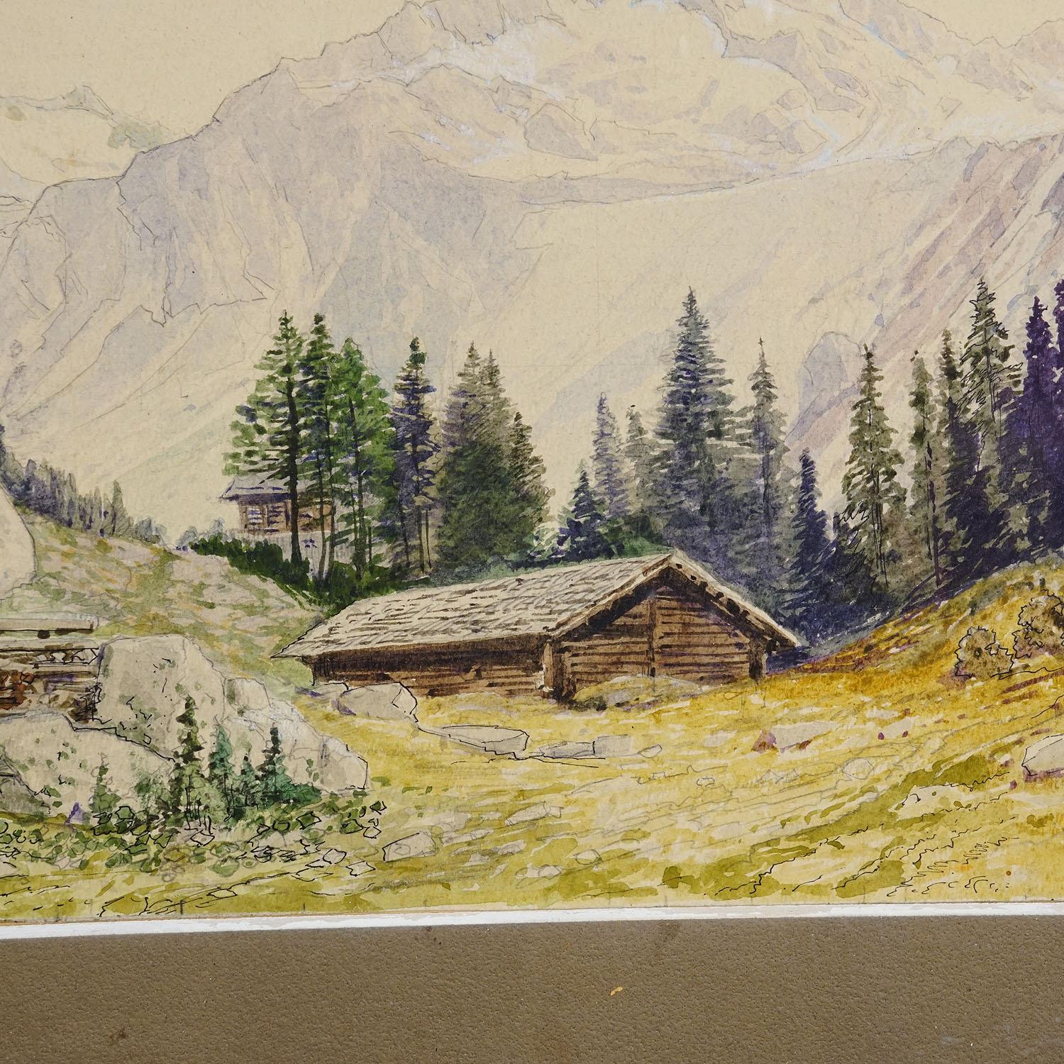 Country Alpine Landscape Watercolor Painting with Tyrolean Mountain Hut For Sale