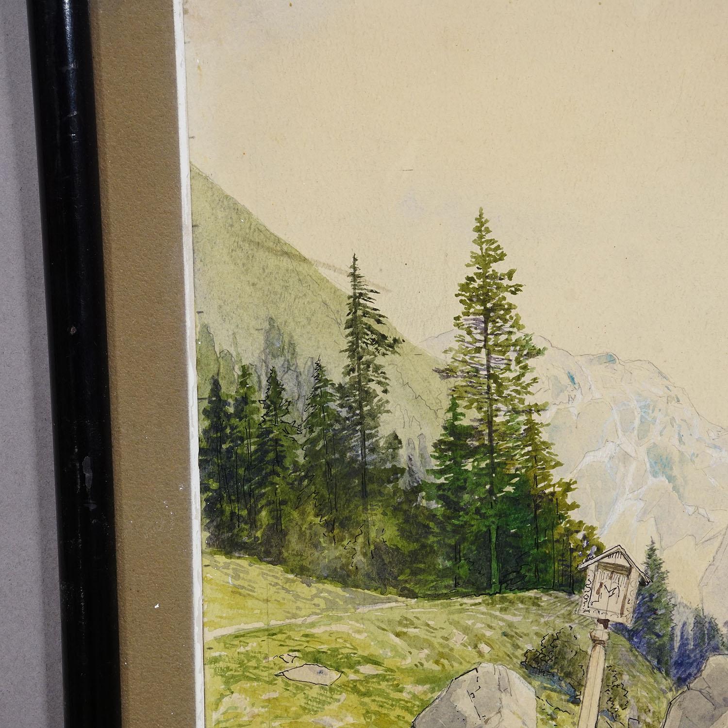 Alpine Landscape Watercolor Painting with Tyrolean Mountain Hut In Good Condition For Sale In Berghuelen, DE