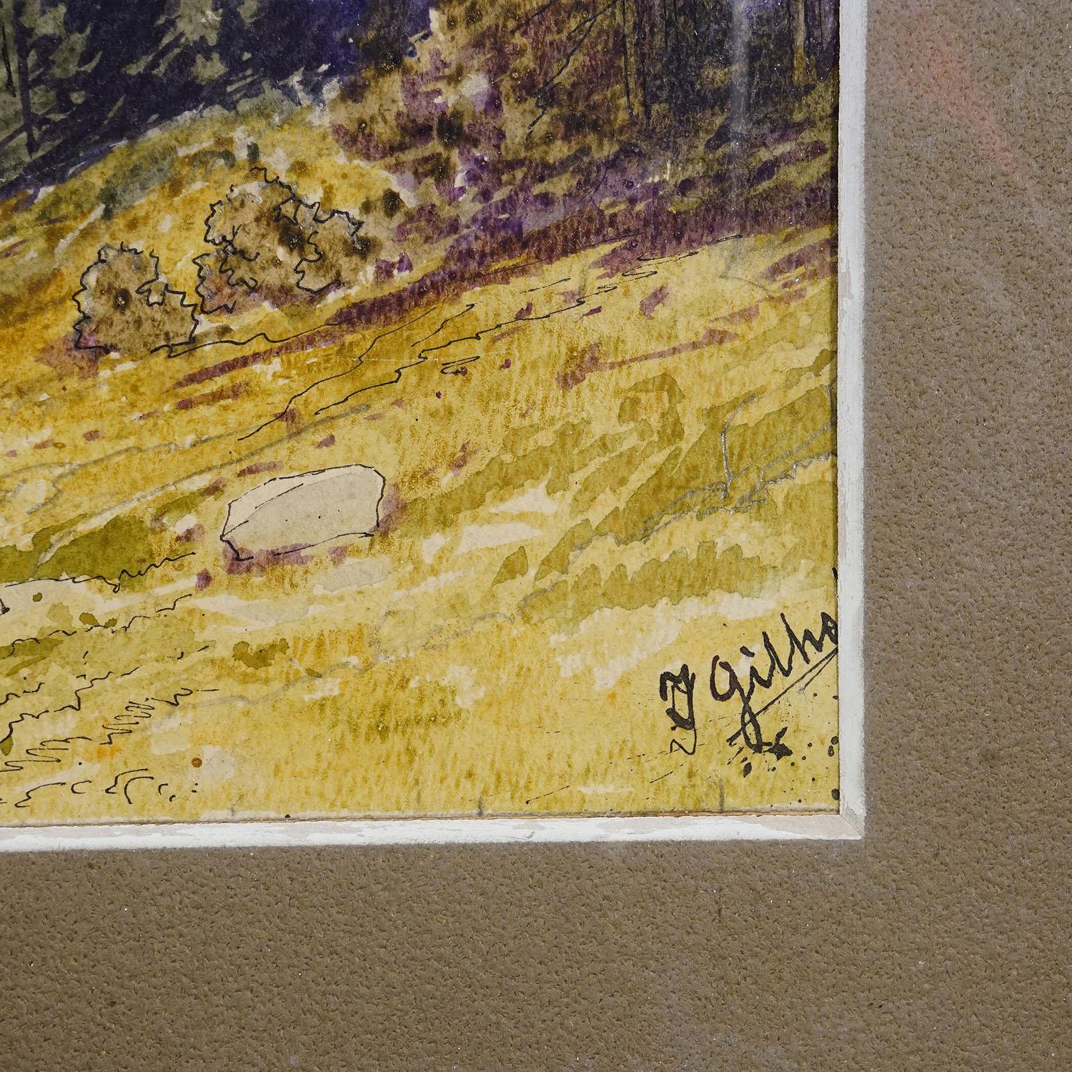20th Century Alpine Landscape Watercolor Painting with Tyrolean Mountain Hut For Sale