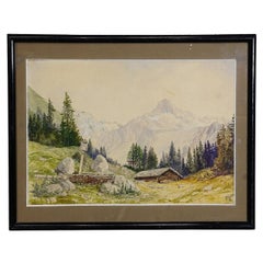Alpine Landscape Watercolor Painting with Tyrolean Mountain Hut