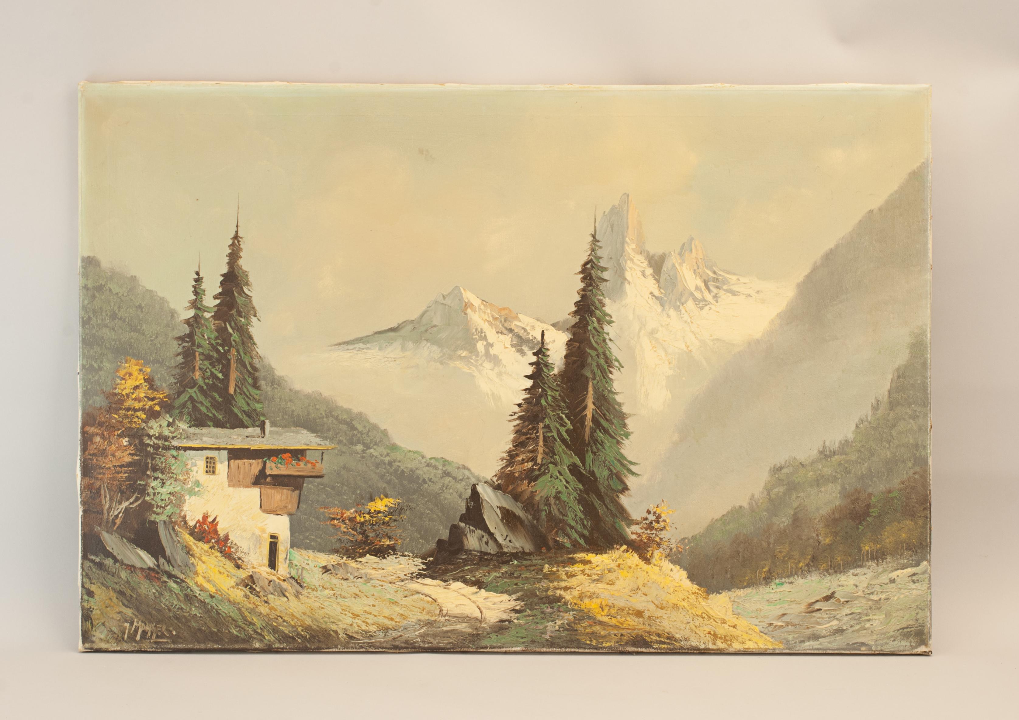 Vintage Oil On Canvas, Alpine Winter Landscape.
An outstandingly fine work of a winter alpine landscape with a chalet and trees in the foreground, a large mountain range in the background. Signed bottom left-hand corner, Mahger or