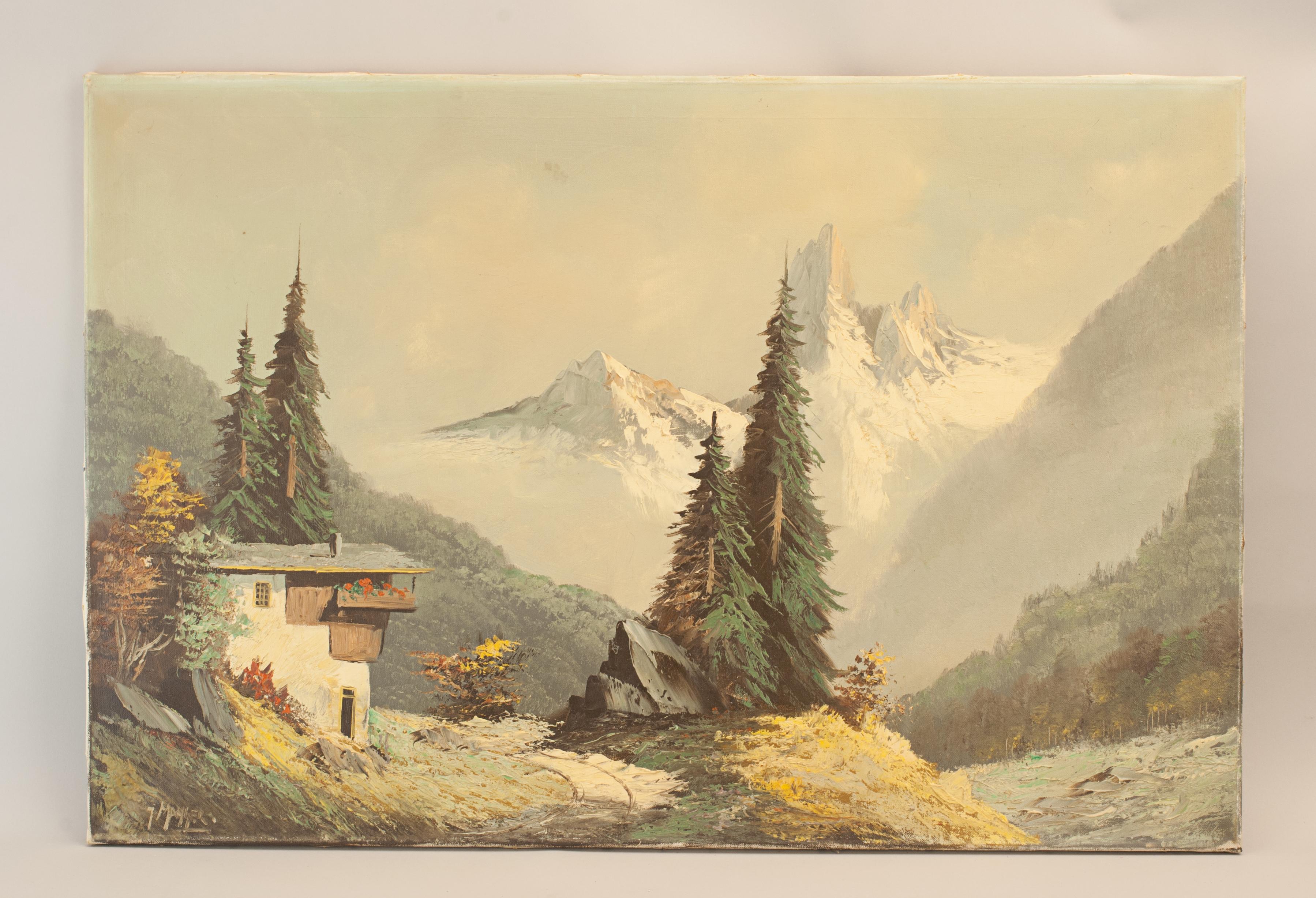 Sporting Art Peinture à l'huile alpine - Paysage d'hiver avec chalet en vente