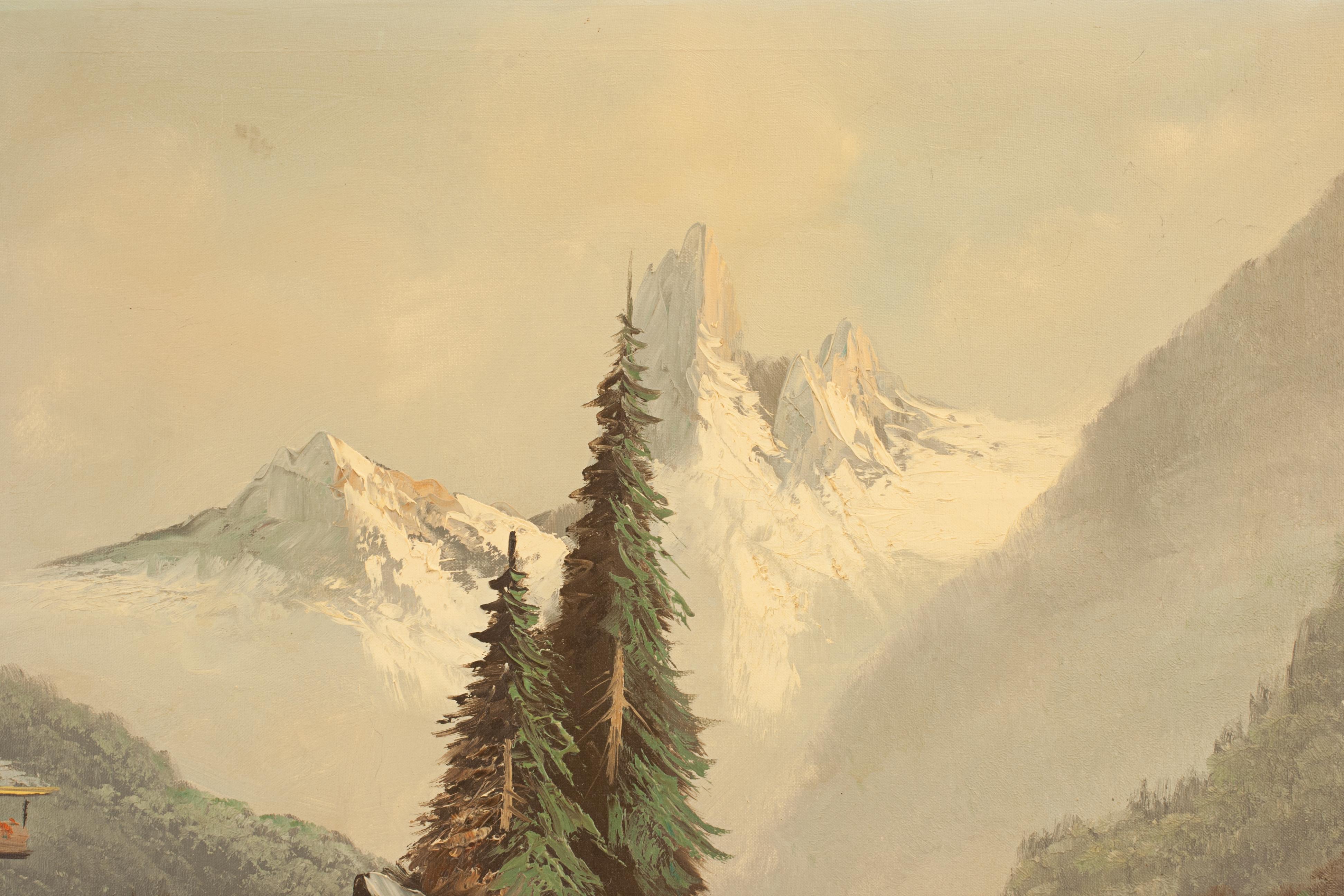 Autrichien Peinture à l'huile alpine - Paysage d'hiver avec chalet en vente