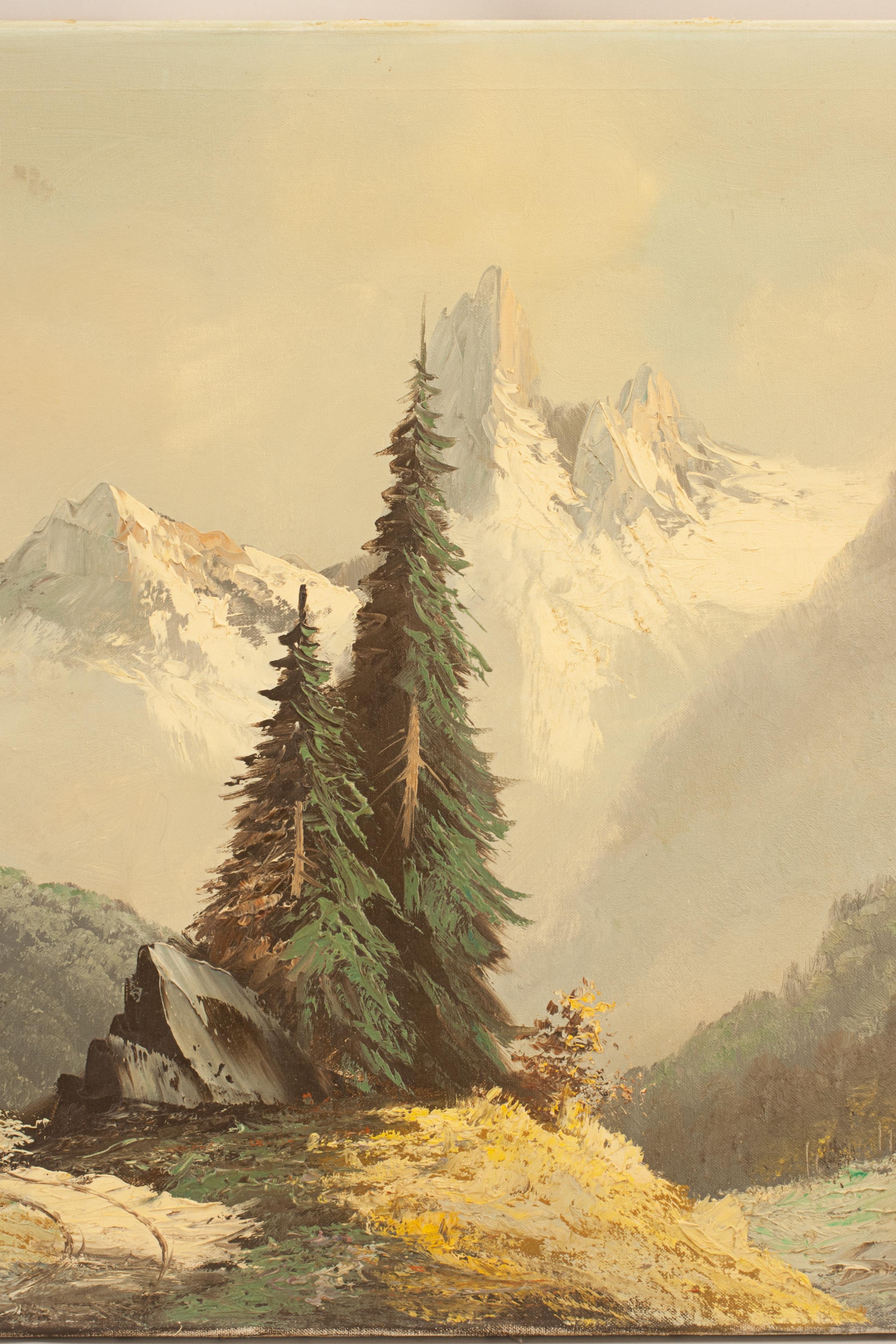 Toile Peinture à l'huile alpine - Paysage d'hiver avec chalet en vente