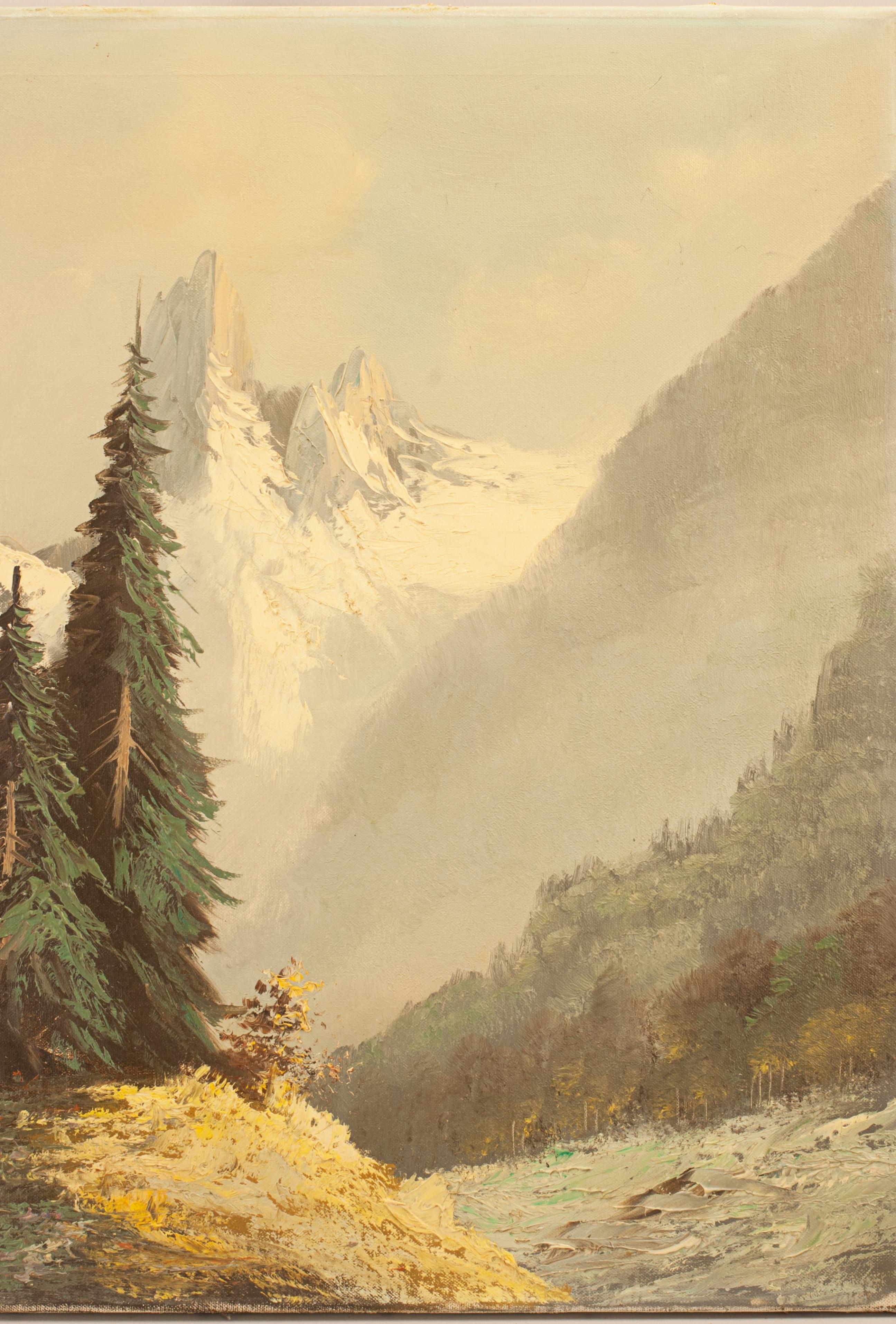 Peinture à l'huile alpine - Paysage d'hiver avec chalet en vente 1