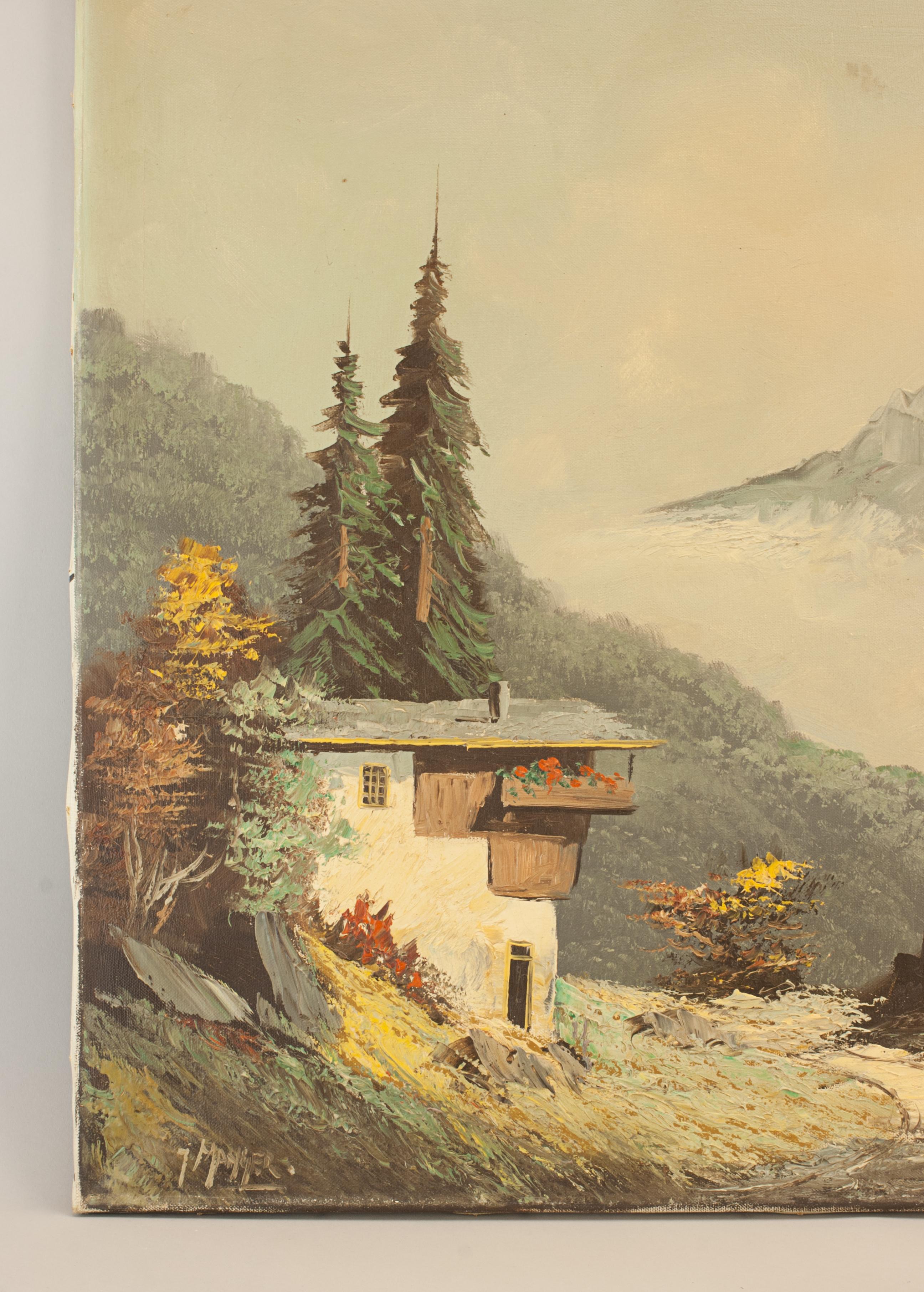 Peinture à l'huile alpine - Paysage d'hiver avec chalet en vente 2